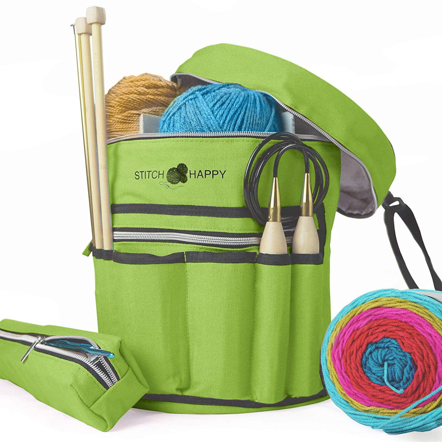 Stitch Happy Knitting Bag (Green): 7 Pocket Yarn Bag, Crochet Bag, Yarn Storage, or Crochet Storage
