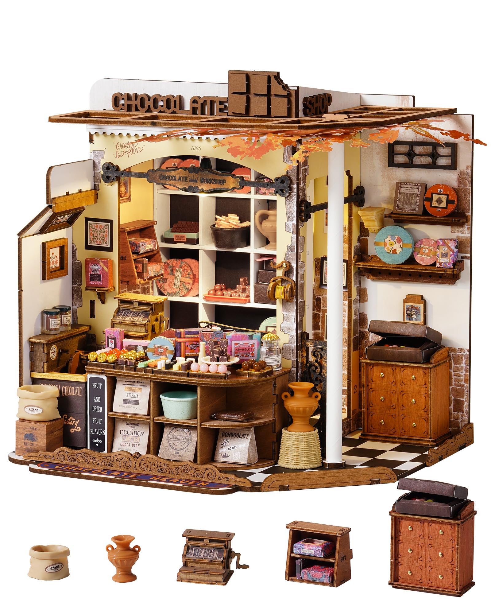 ROBOTIME DIY Miniature House Kit Henry's Chocolate, Wooden Dollhouse Model Building Kit With LED and Furniture