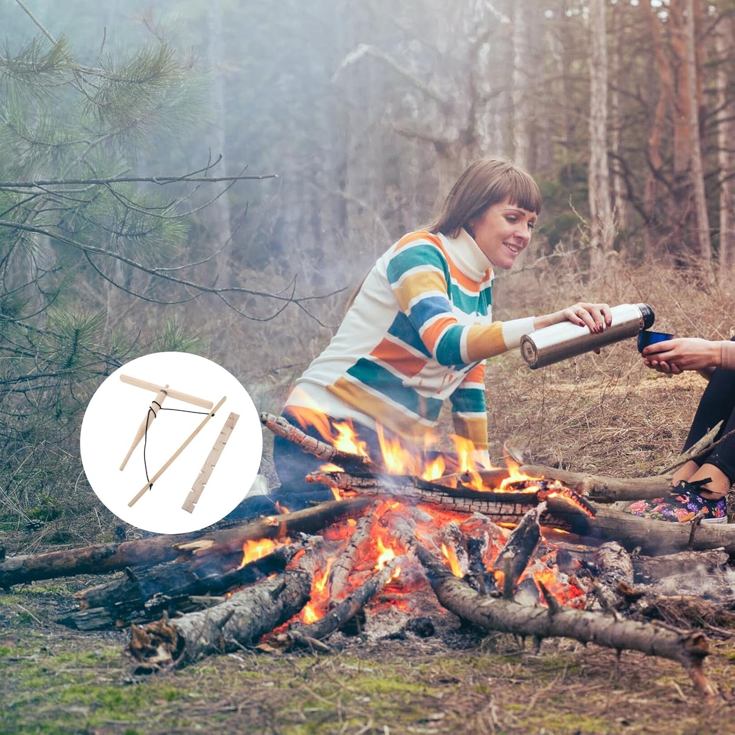 Outdoor Fire Tool Drill Wood Fire Starter Kit Double Drill Portable Survival for Camping Hiking Emergency Use