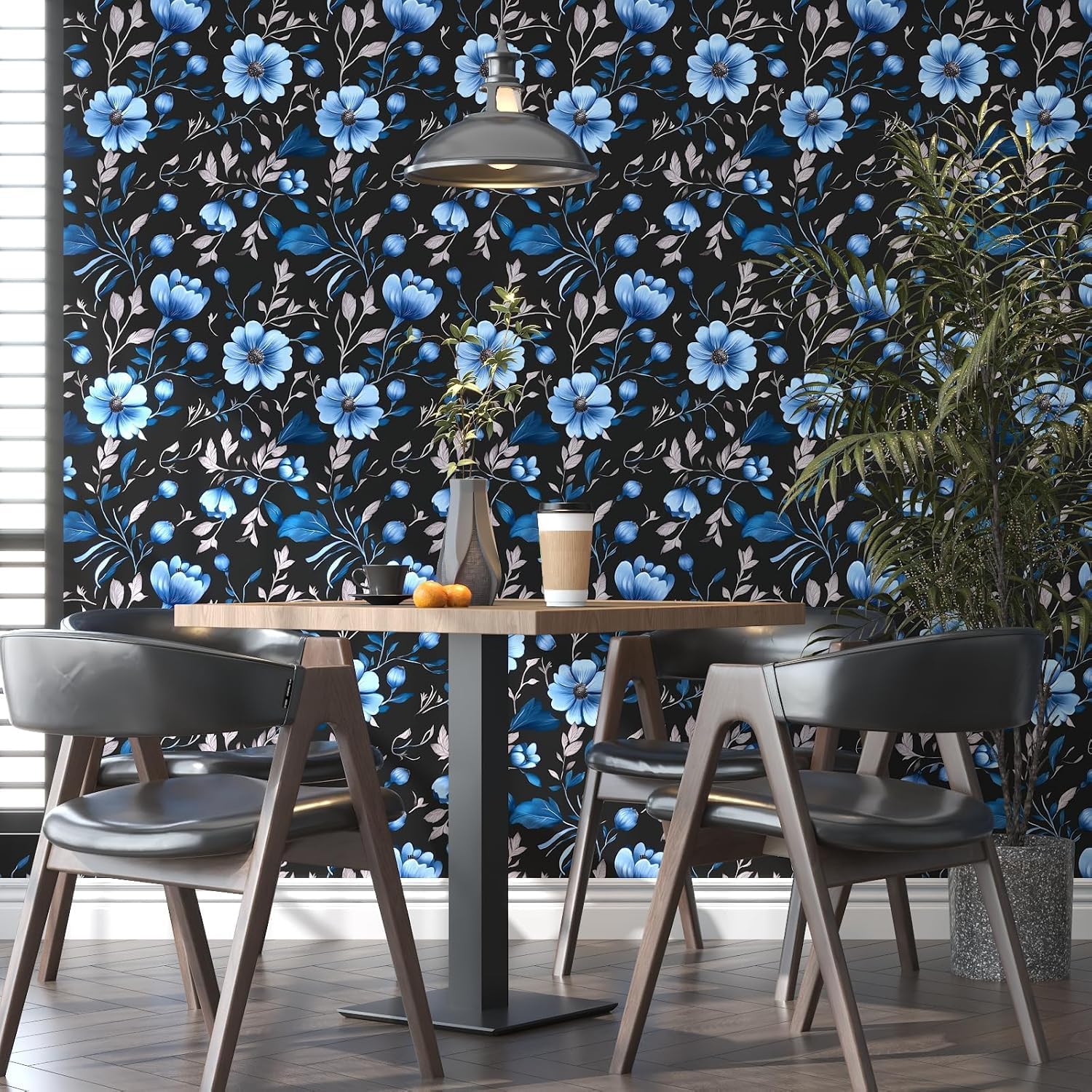 Extra Long Dark Floral Peelable Wallpaper, 17.5In x 393In Vintage Blue Floral Design Wall Paper Stick on Bedroom Living Room Cubicle, Botanical Self Adhesive Removable Contact Paper Black Blue