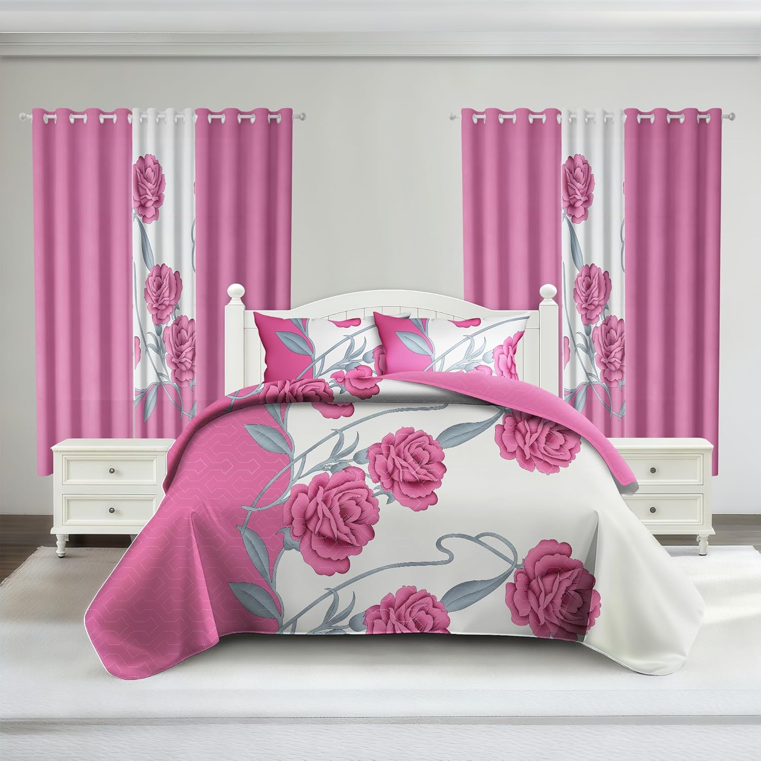 Deepsleep Queen Comforter Set 9 Pieces, All Season Luxury Bed in a Bag for Bedroom, with 2 Pillowcases and 6 Curtains, Ultra-Soft Microfiber for Complete Bedroom Decor, Pink Rose