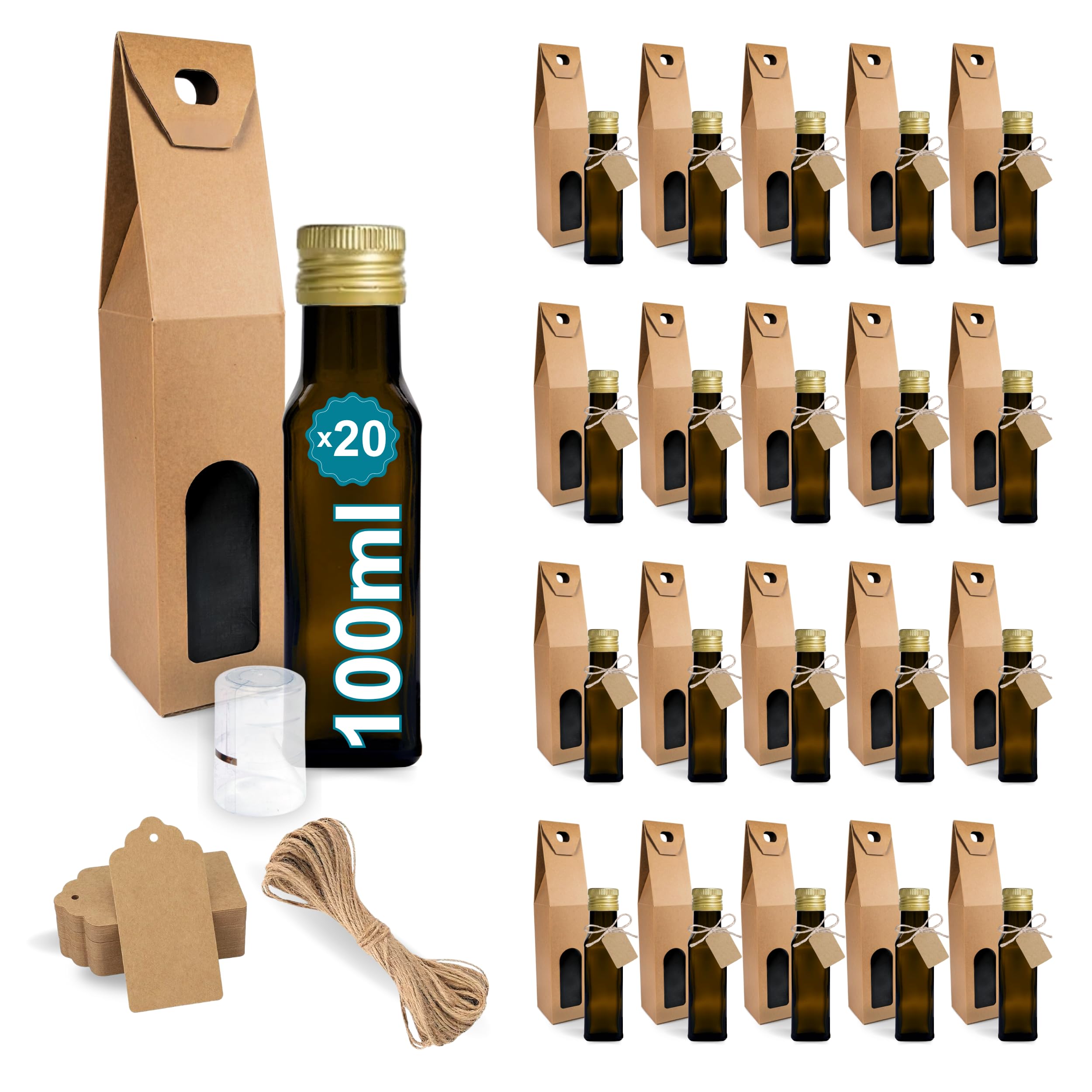 20 Botellas de Cristal Oscuro 100 ml con Tapón de Rosca Dorado + 20 Cajas + 20 sellos + 20 Etiquetas Kraft + Cuerda – Botellas Pequeñas para Aceite de Oliva, Vinagre, Alcohol, Muestras