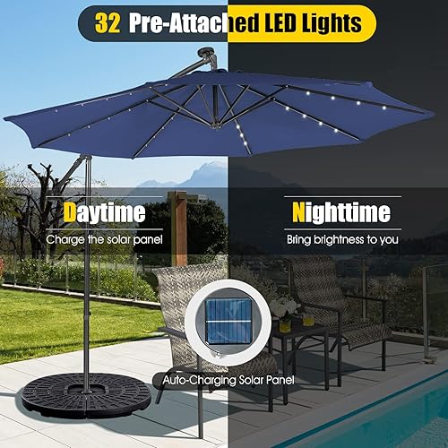 Miniatura 5 de Tangkula Sombrilla voladiza de 10 pies con 32 luces LED alimentadas por energía solar, sistema de inclinación funcional y mecanismo de manivela de