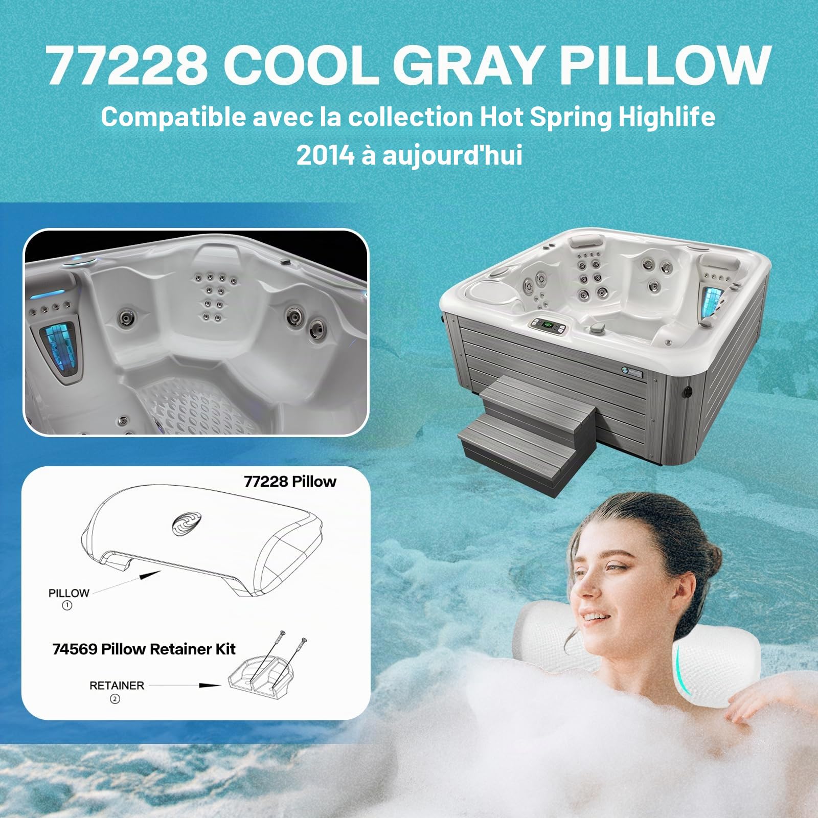Lot de 3 Coussins de Nuque pour Spa 1411501 77228 pour Spa série Highlife à partir de 2014 à partir de 2014, 35,6 x 14,9 cm (L x l), Gris Froid, Coussins Repose-tête pour Spa Watkins