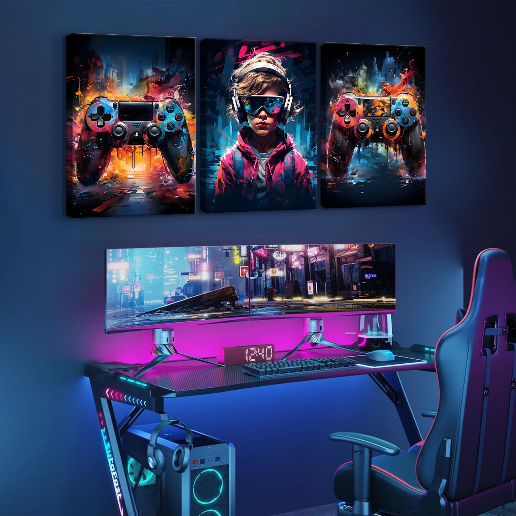 QGNBGBJ Poster con cornice, graffiti, gamepad, decorazione da parete con auricolari, stampa artistica da parete per adolescenti, ragazzi, bambini, giovani, sala giochi, opera d'arte (40,6 x 61 cm)