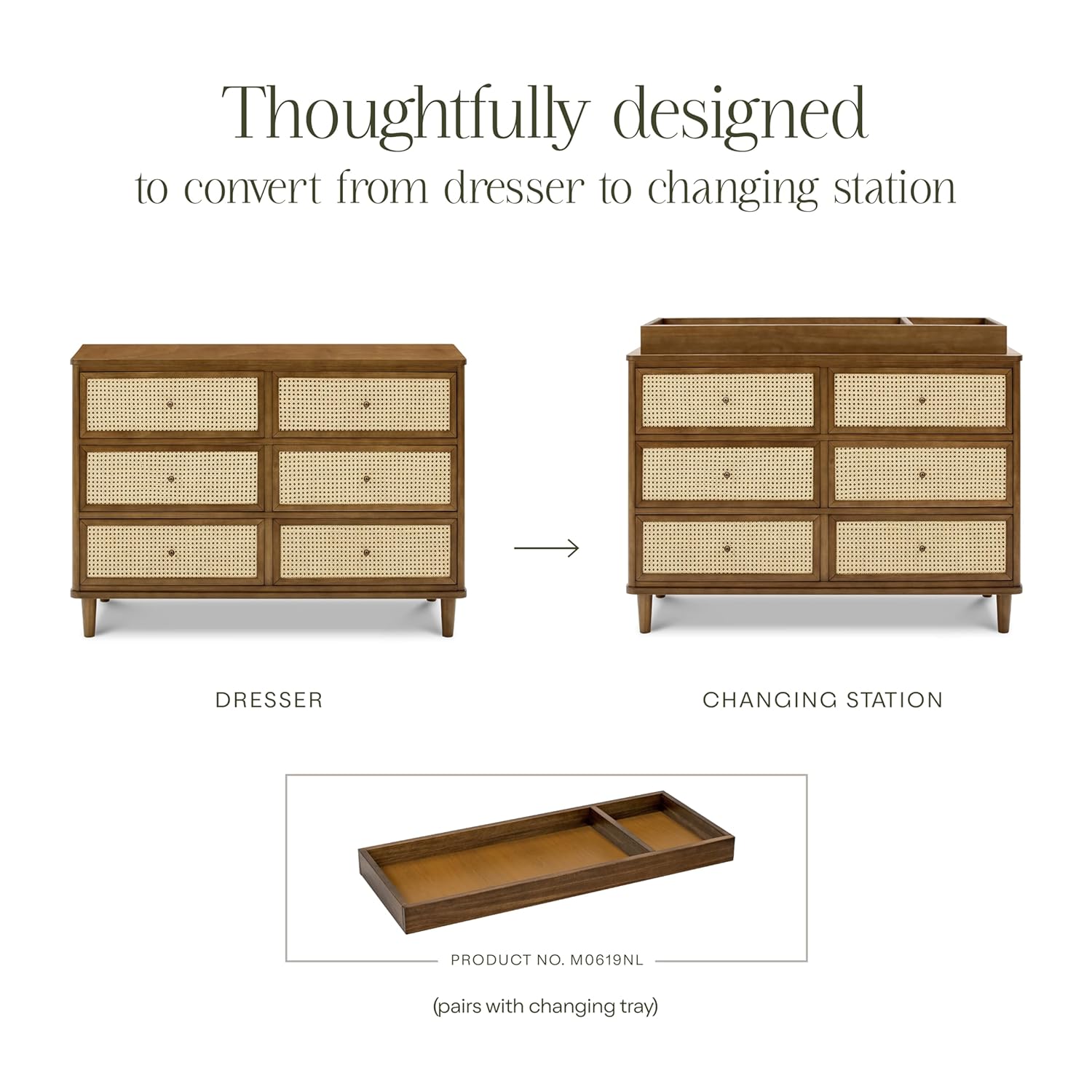 Namesake Marin with Cane 6 Drawer Dresser in Natural Walnut with Blonde Cane