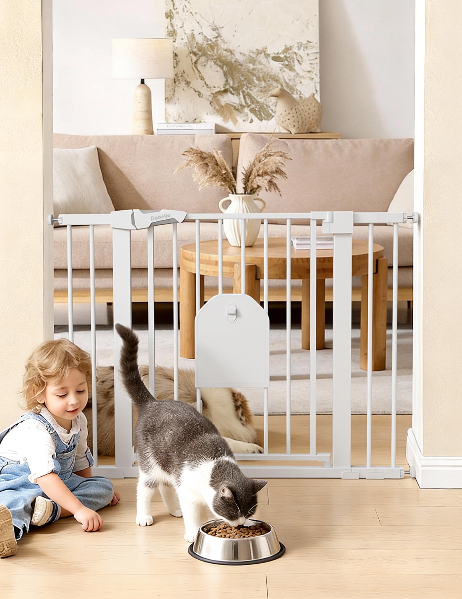 Babelio Auto Close Baby Gate with Cat Door,29-43" Metal Gate for Doorway,Stairs, House,Easy Walk Thru with Pet Door,Includes 4 Wall Cups and 3 Extension Pieces,White