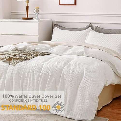 Miniatura 3 de MADELUO Funda de edredón de algodón tamaño King, 100% algodón, tejido de gofre, color blanco coco, funda de edredón tamaño King, suave y