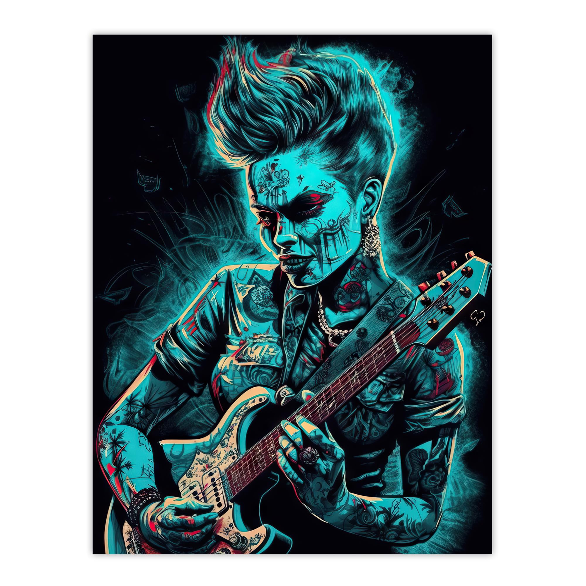 Artery8 Psychobilly Music Electric Blue Artwork Rockabilly Punk Rock Guitarist With Tattoos Portrait Large Wall Art Poster Print Thick Paper 18X24 Inch