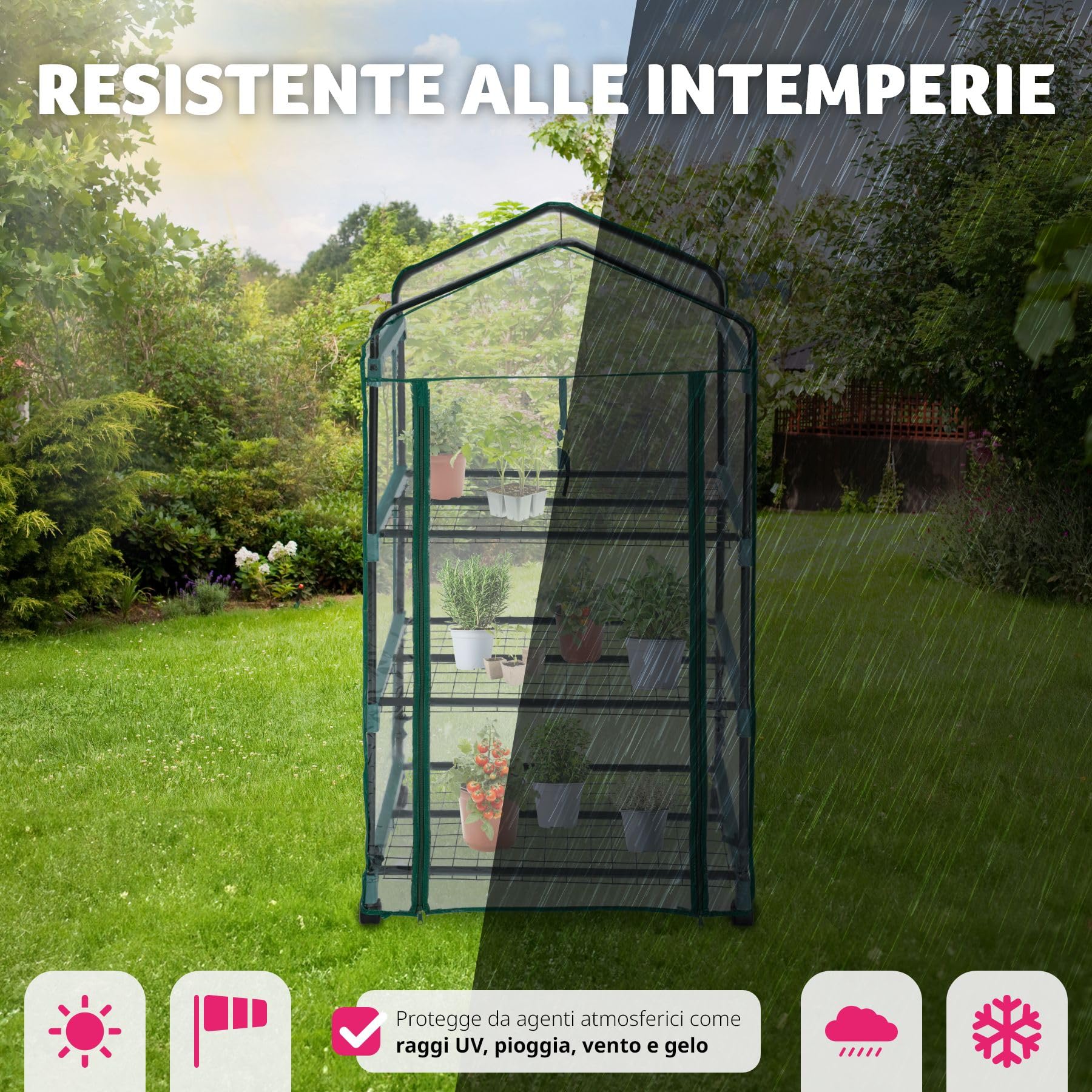 tectake® Serra da Giardino con Telaio in Acciaio, Serra da Esterno con 3 Piani di Appoggio, Griglia in Metallo, Pellicola in PVC, Comoda Porta di Accesso, Trasportabile, 69x49x133 cm
