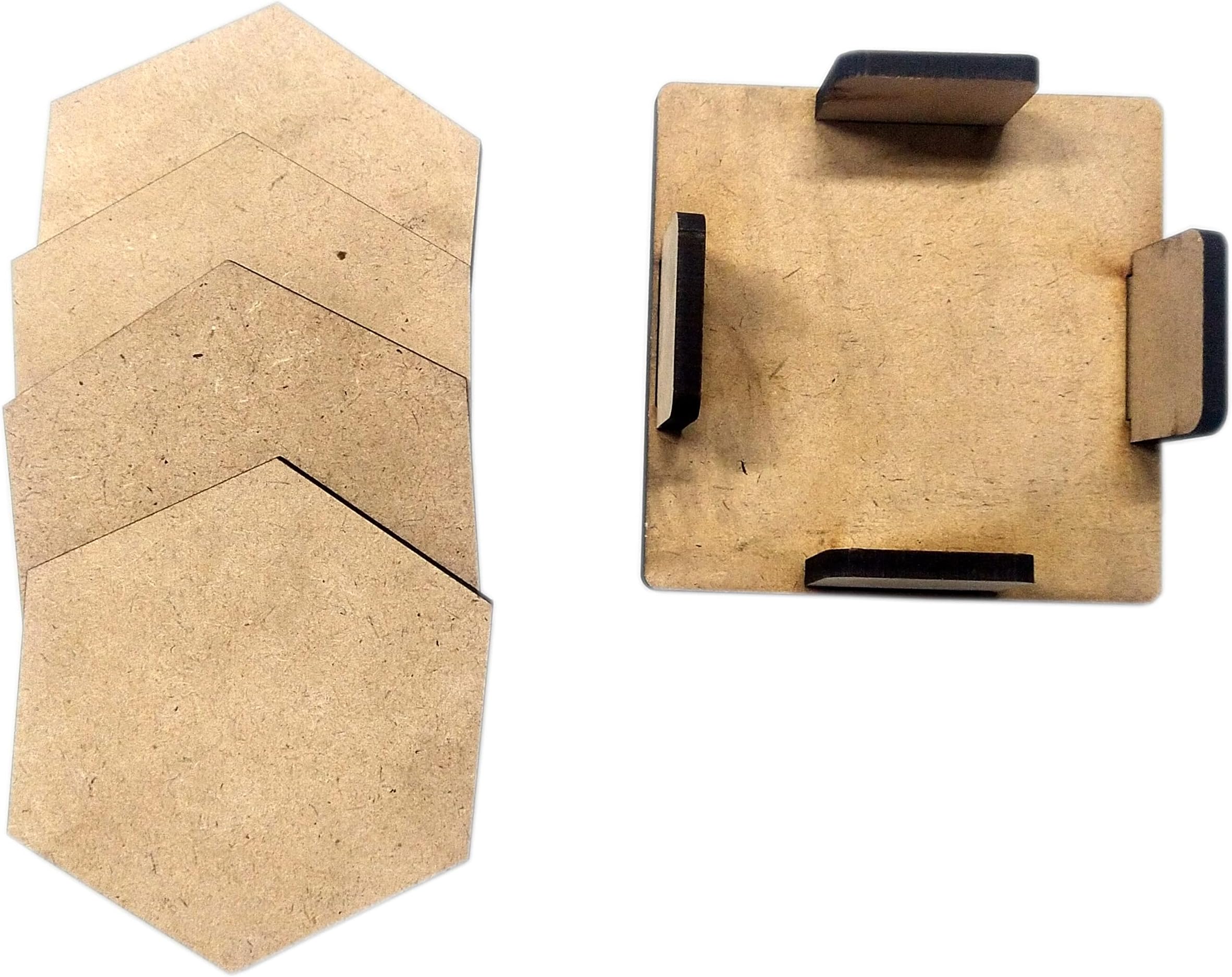 Yorkker MDF DIY Hexagon Coasters & Holder - MDF Plain Wooden Coasters & Holder Blank Cutouts for Painting Wooden Sheet Craft, Decoupage, Resin Art Work & Decoration - Set of 4 Coaster with ONE Stand