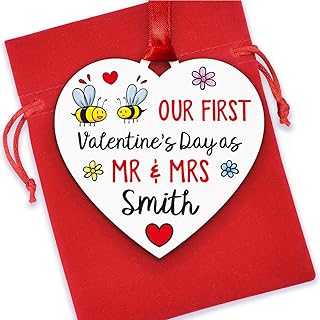 Our 1st First Valentines Day As Mr and Mrs Gifts - Personalised Valentines Gifts For Husband, Wife - Newlyweds Valentines Gifts - Bee Couple Heart Decoration - Printed Heart With Red Bag