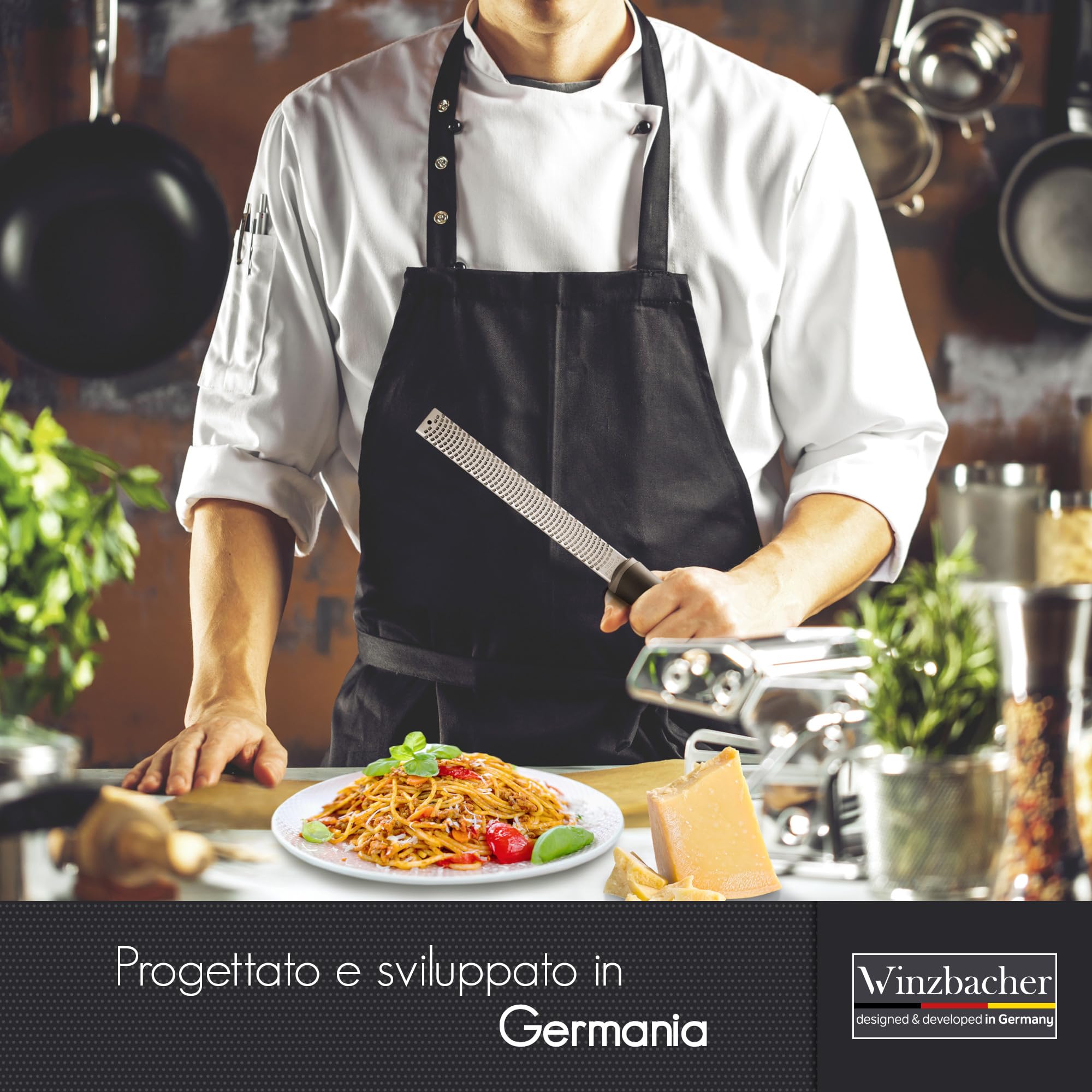 Winzbacher – Grattugia Zesteur Multifunzione | Per Parmigiano, Limone, Noce Moscata, Zenzero, Cioccolato, Aglio | Lama in Acciaio Inox Ultra Affilata | Lavabile in Lavastoviglie | Con Spazzola