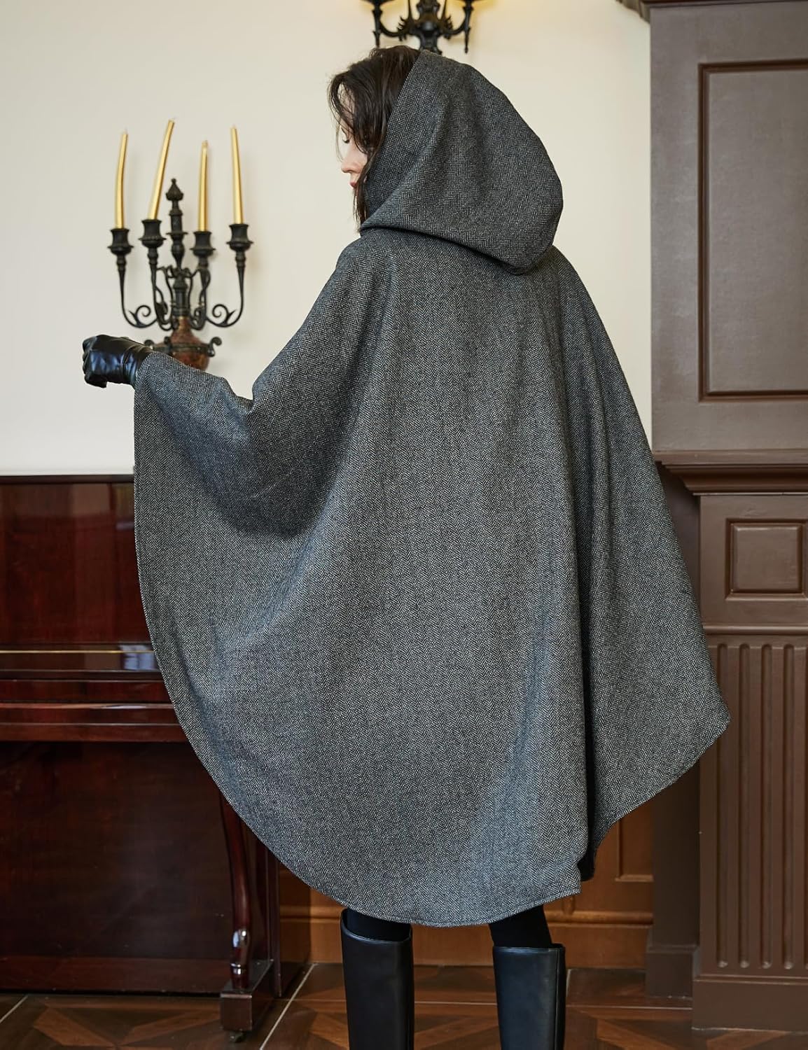 BEAUTELICATE Women Tweed Hooded Belted Cloak Buttons Closure Sleeveless Satin Lining Wool Poncho - Image 4