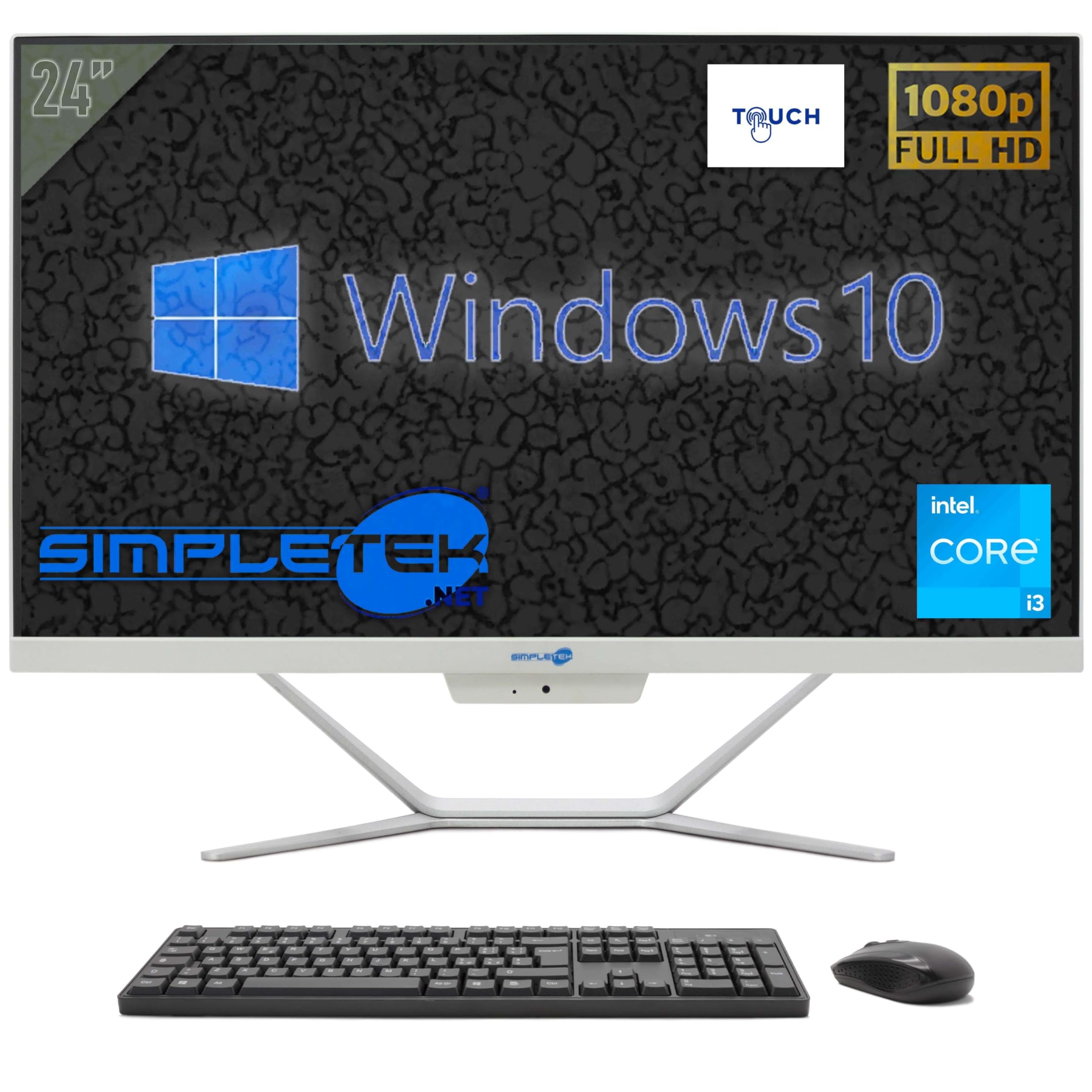 SIMPLETEK - Komputer All in One Touch Screen 24" FHD | Core i3 | 4GB RAM | SSD 120GB | Windows 10 Pro | Wbudowana kamera internetowa 2K | HDMI, WiFi 5 i BT 4.2