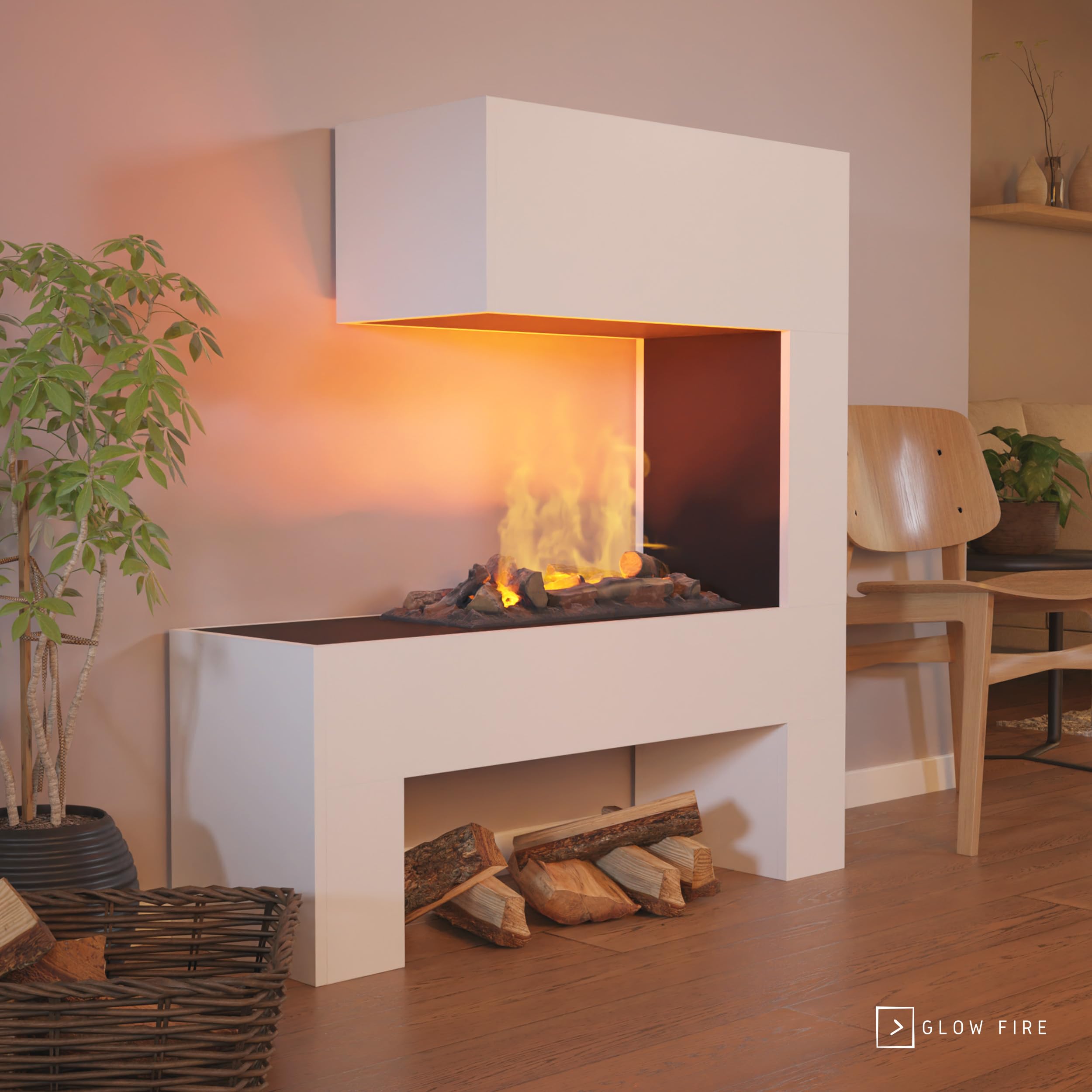 GLOW FIRE Wasserdampf Kamin Mozart (Standkamin) - Elektrokamin mit realistischen LED 3D-Flammen, Knistereffekt & Fernbedienung, 110x120x35 cm - Opti-Myst 600 Elektro Kamin mit Holz-Deko, Weiß