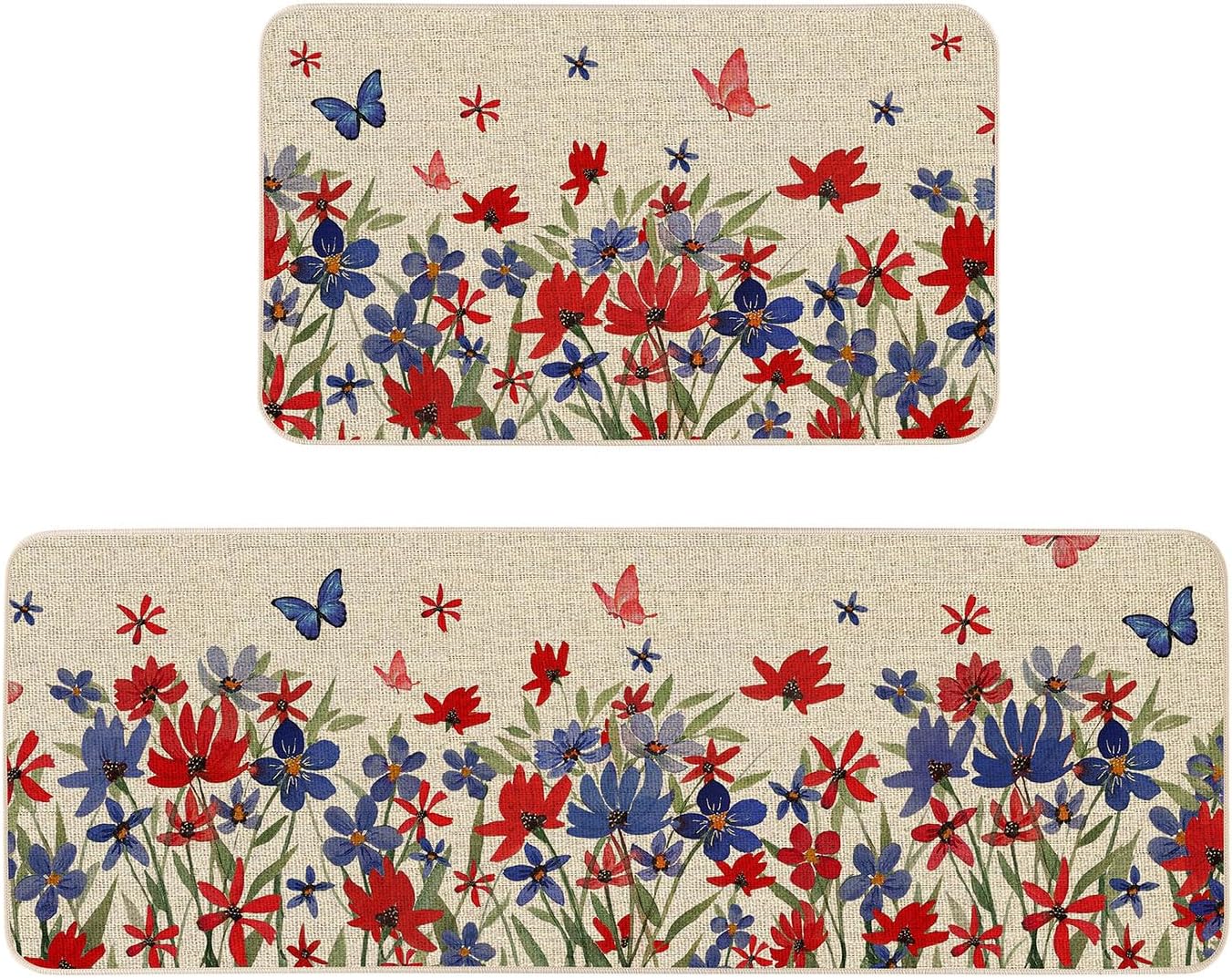 Moutina Memorial Day Floral 4th of July Kitchen Rugs Set of 2, Independence Day Patriotic Home Decor Low-Profile Kitchen Mats for Floor - 17x29 and 17x47 Inch