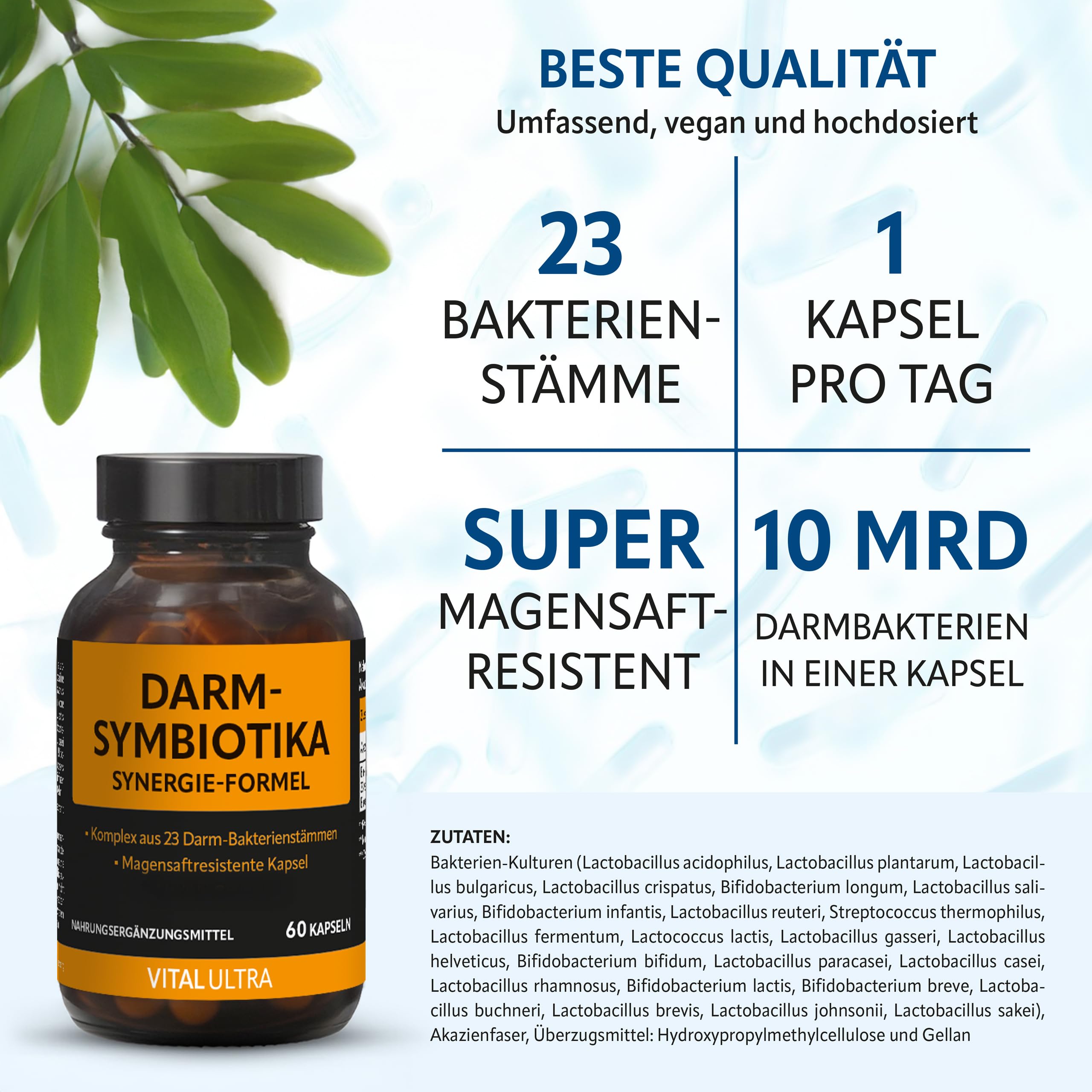 Vital Ultra Mikronährstoffe, Darm-Symbiotika, EAA 9+³ Aminosäuren-Komplex | Vitamine, Mineralien, Spurenelemente, Pflanzenstoffe, 23 Bakterienstämme (Lactobacillus & Bifidobakterien) und 12 Aminosäuren