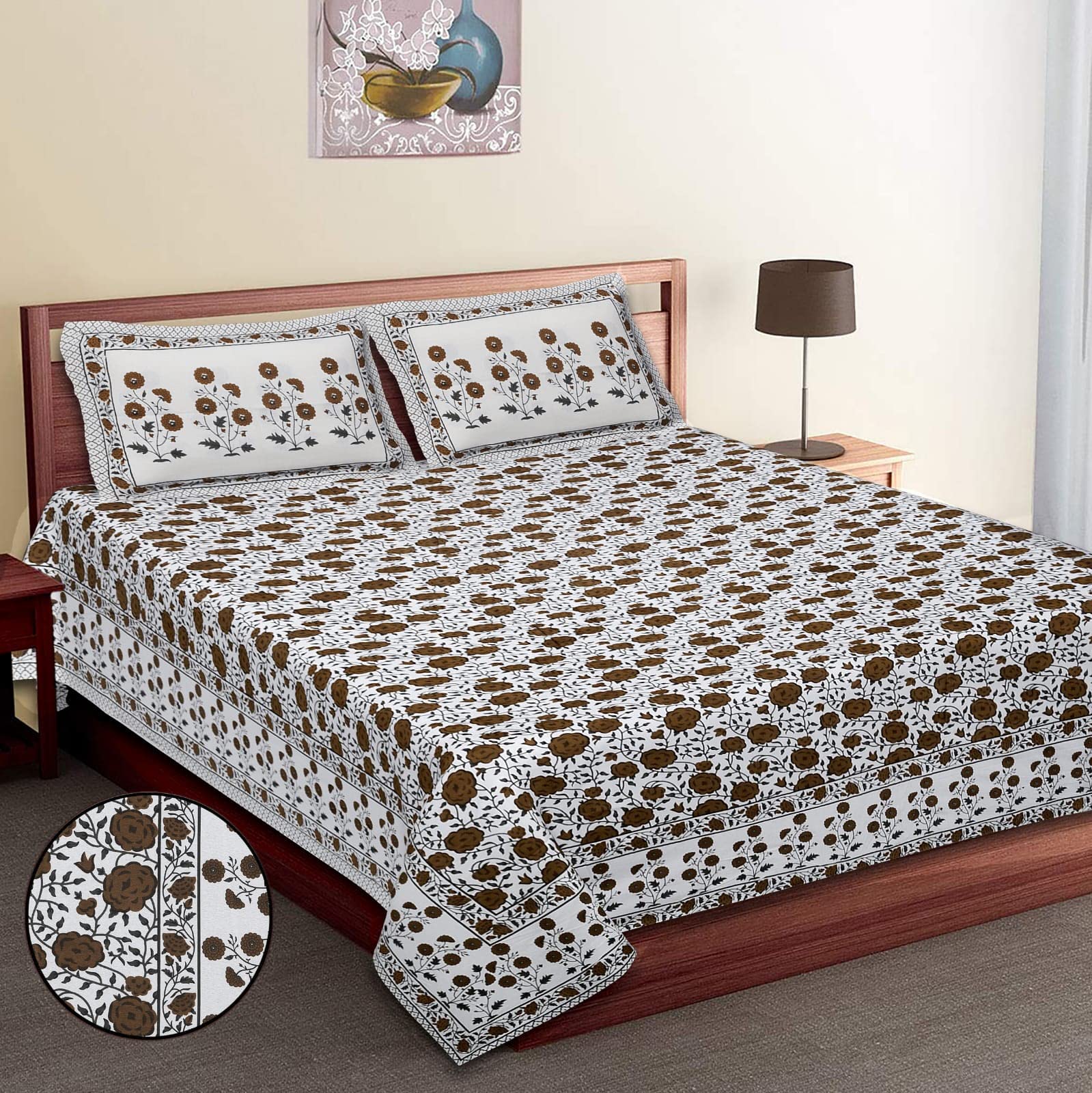 Haya Collection 100% Cotton Autoloom Fabric King Size 90 * 108 Bedsheet with 2 Pillow Covers-FALORA-18