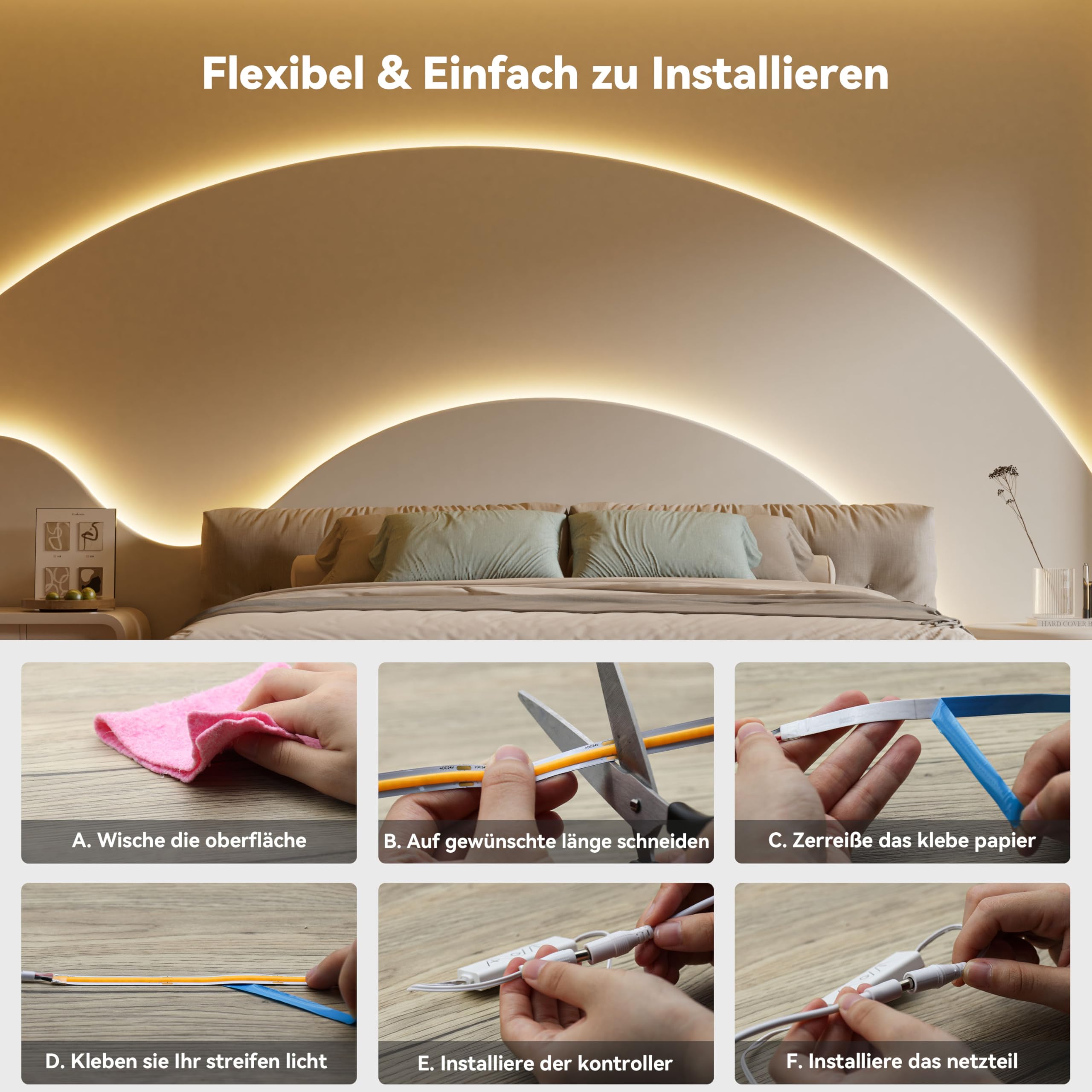 PAUTIX COB LED Streifen 2700K Warmweiss 5M,480LEDs/M Dimmbar 24V Weiß LED Streifen Licht Set mit RF Fernbedienung und Netzteil,CRI93+ Hell Unterbauleuchte für Home DIY Dekoration Timerfunktion.