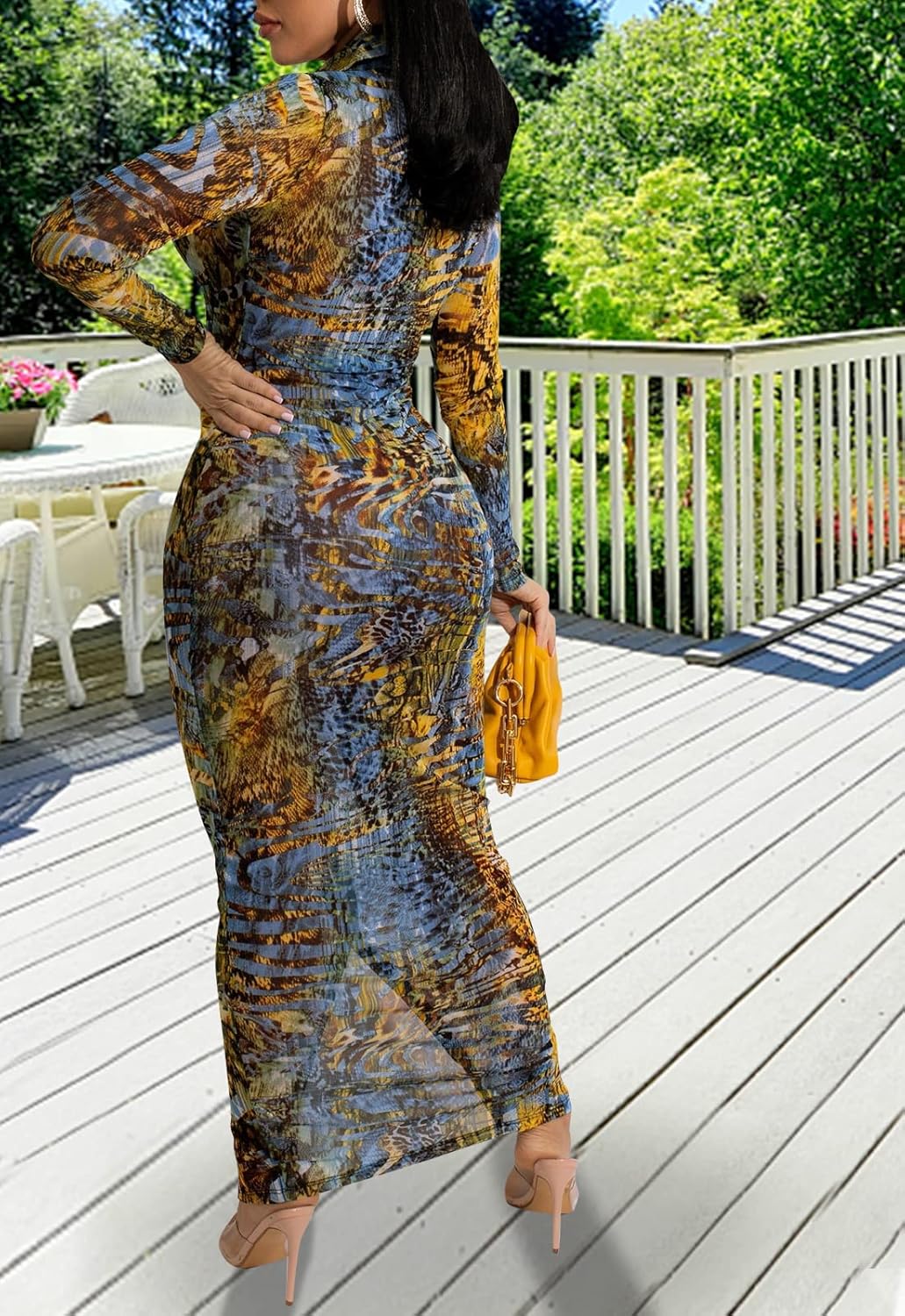 Women's Sheer Mesh Long Sleeve Bodycon Midi Dress Club Night Out Dresses Beach Cover Up Dress - Image 5