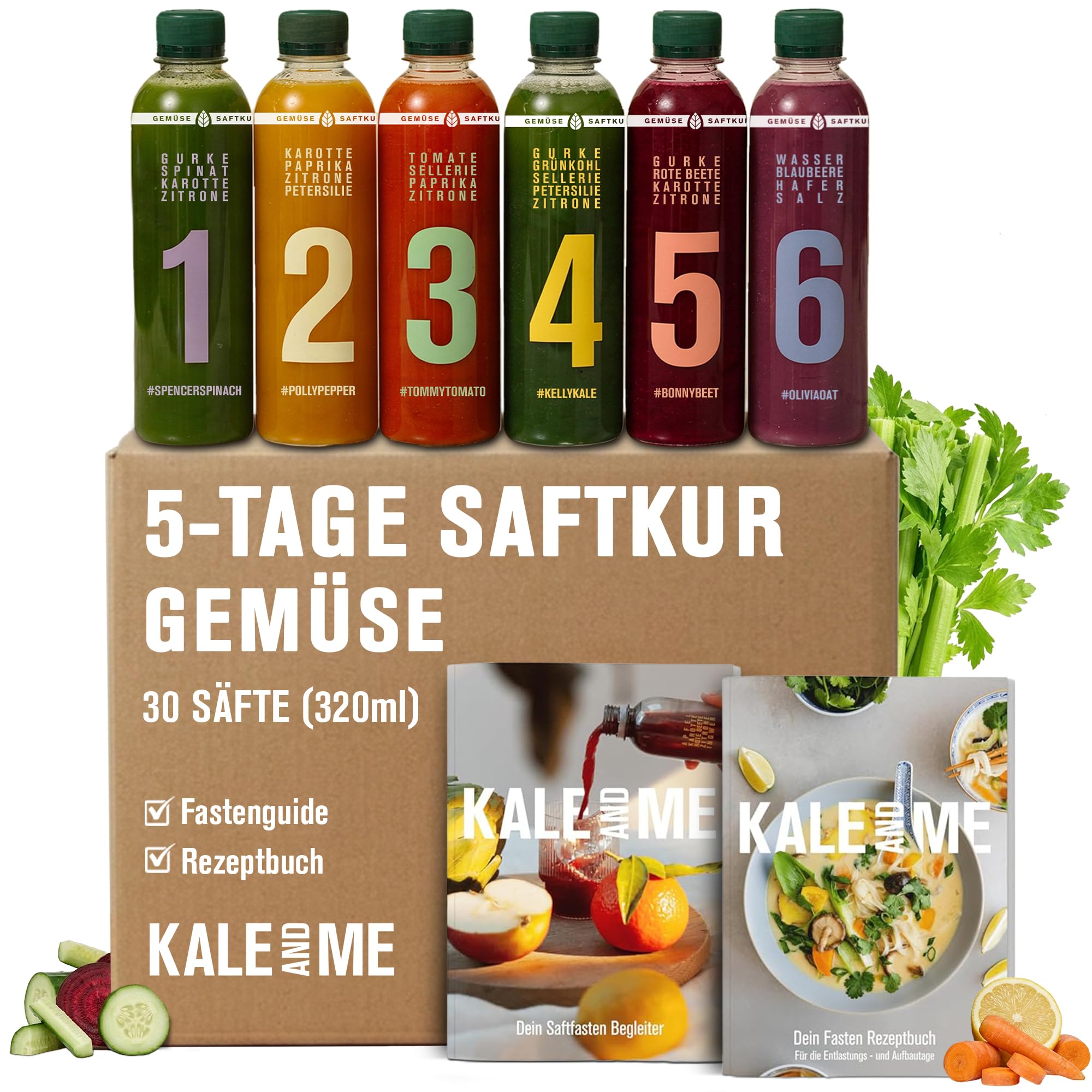 Kale&Me Saftkur Gemüse 5 Tage – 30 nummerierte Flaschen mit je 320 ml – 6 verschiedene kaltgepresste Säfte aus 98% Gemüse – herber Geschmack – vegan, ohne Zusatz- & Konservierungsstoffe – mit Kurguide