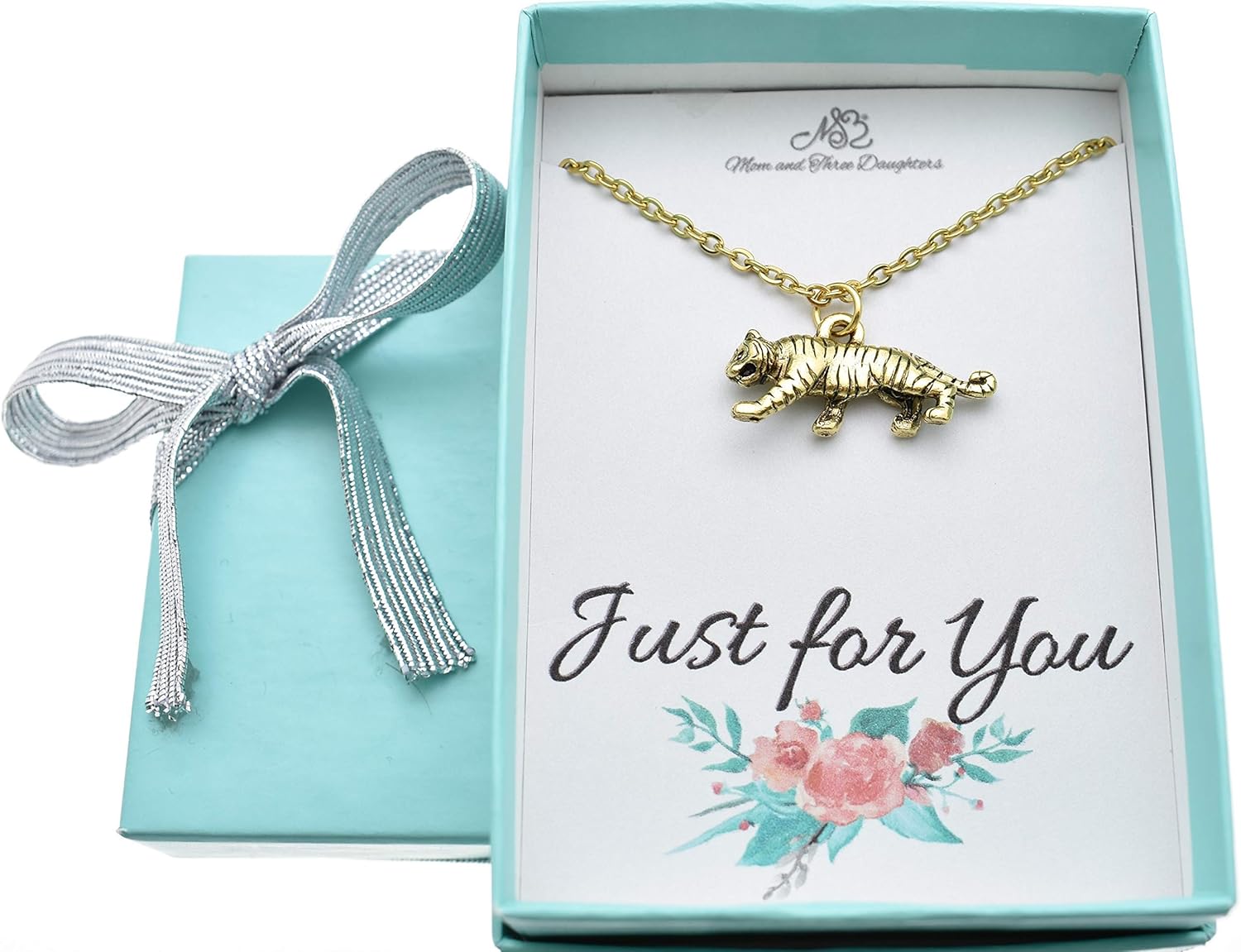 MOM & THREE DAUGHTERS 3D Tiger Necklace in Gold Plated Pewter | 18" + 2" Extender Chain | Unisex Jewelry | 12mm x 23mm
