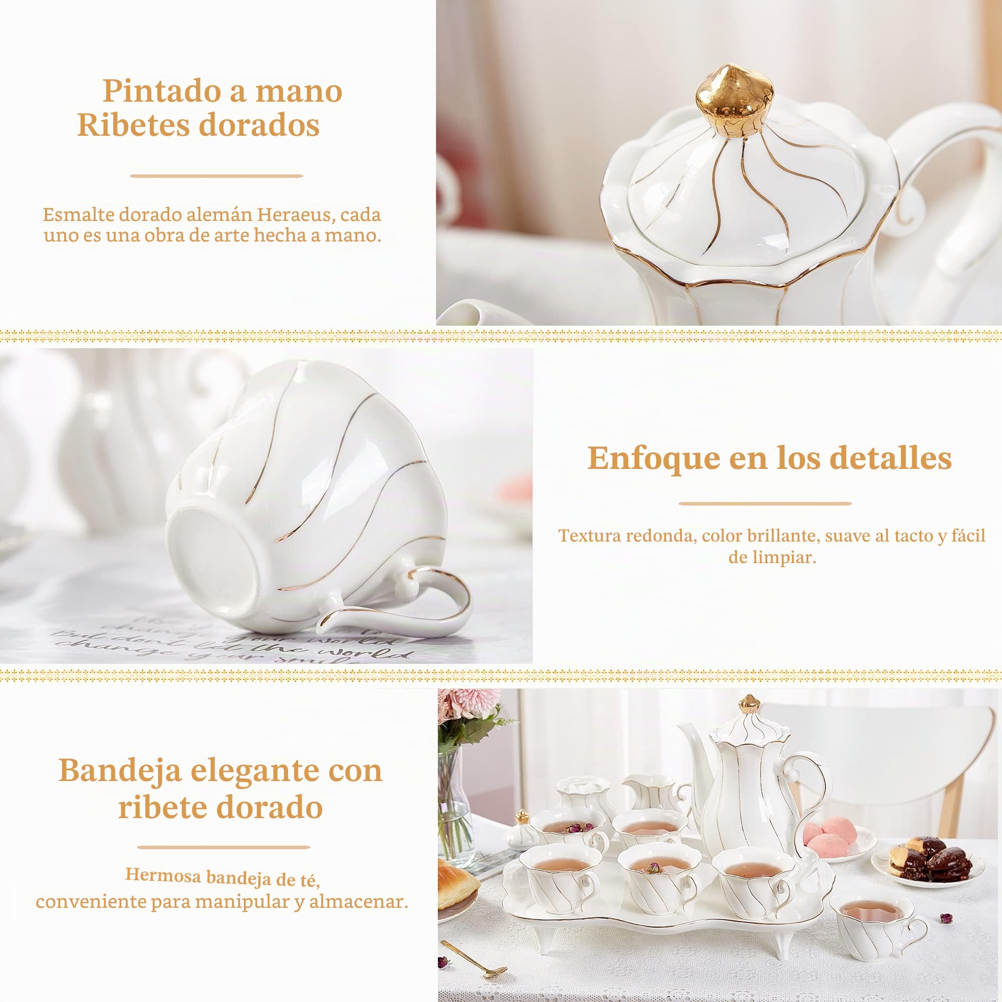 DUJUST Juego de 14 piezas de té con bandeja de té y cucharas, juego de tazas de té y café con diseño de diamante moderno con adornos dorados, decoración de sala de estar de porcelana