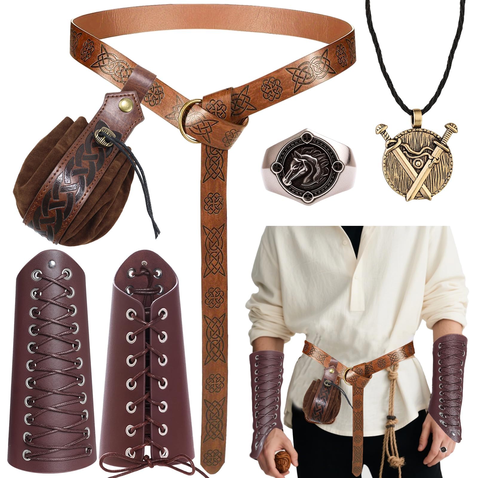 5 piezas de ropa medieval para mujer y hombre, accesorios medievales, juego con cinturón, riñonera, protector de muñeca, collares, anillos, Halloween, nigromante, traje para cosplay, piratas vikingos