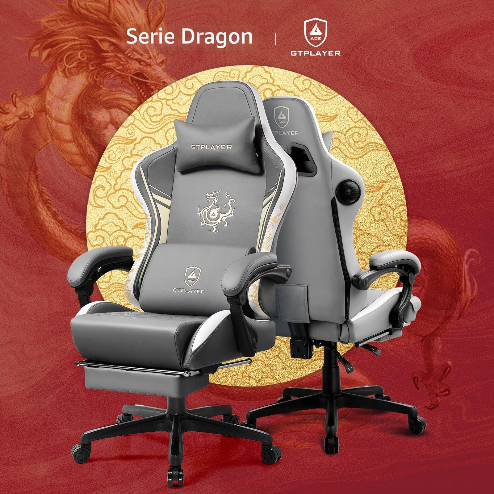 GTPLAYER Sedia Gaming Ergonomica Poltrone con Altoparlanti Bluetooth e Poggiapiedi Sedia Gamer Reclinabile Serie Dragon Sedia Ufficio con Poggiatesta e Cuscino Lombare per Lavoro e Gioco Grigio