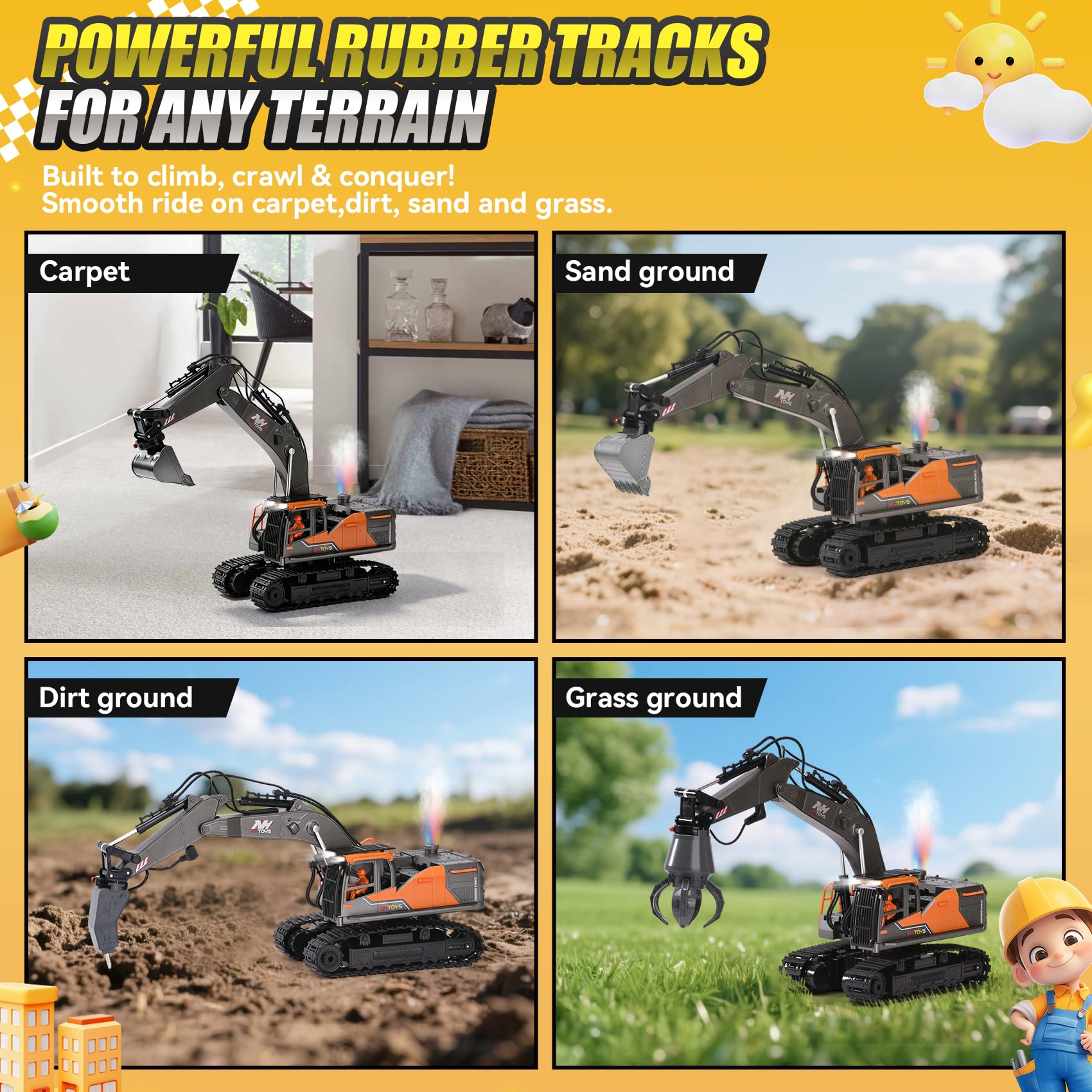 3-in-1 Ferngesteuerter RC Bagger mit Metallener Schaufel Greifer Bohrer, 2.4GHz 14 Kanäle | 680° Rotation | LED Licht | Wasser-Dampf-Effekt, RC Bagger Spielzeug Geschenk für Jungen 3-12 Jahre