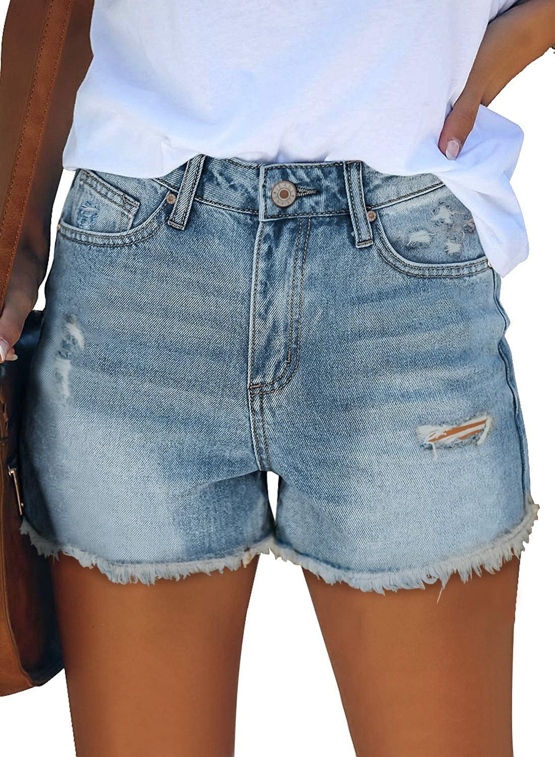 onlypuff Jean Shorts for Women Frayed Cut Off Denim Short High Waisted Ripped Distressed Mid Rise Trendy Summer Outfits