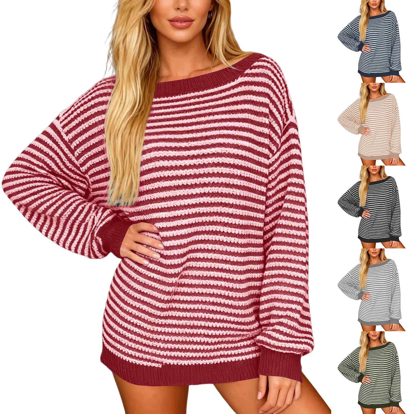 Off The Shoulder Sweater for Women Loose fit Striped Oversized Sweaters Cozy Lightweight Long Sleeve Pullover Tops