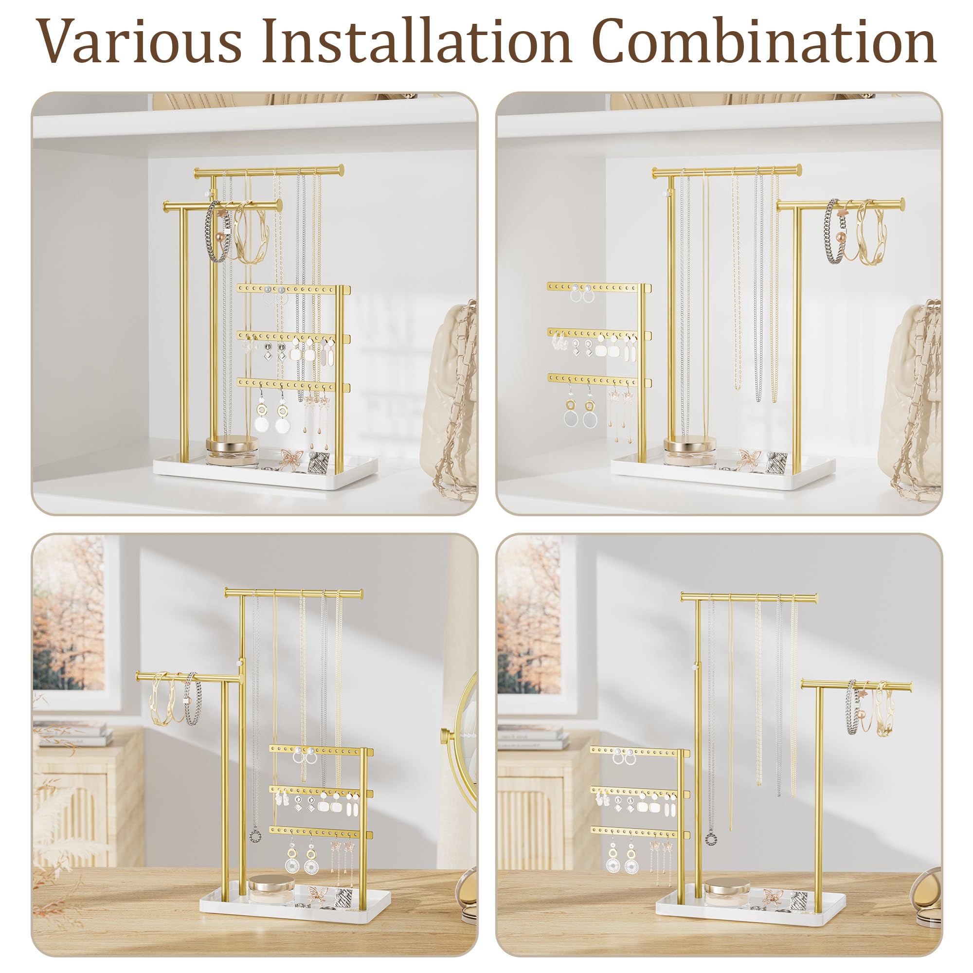 Jewelry Holder Organizer Stand - Adjustable Tall 17.5" (Max), Sturdy Jewelry Hanger for Necklaces, Earrings, Bracelets, Rings, Jewlery Display and Storage, Gold and White, Metal