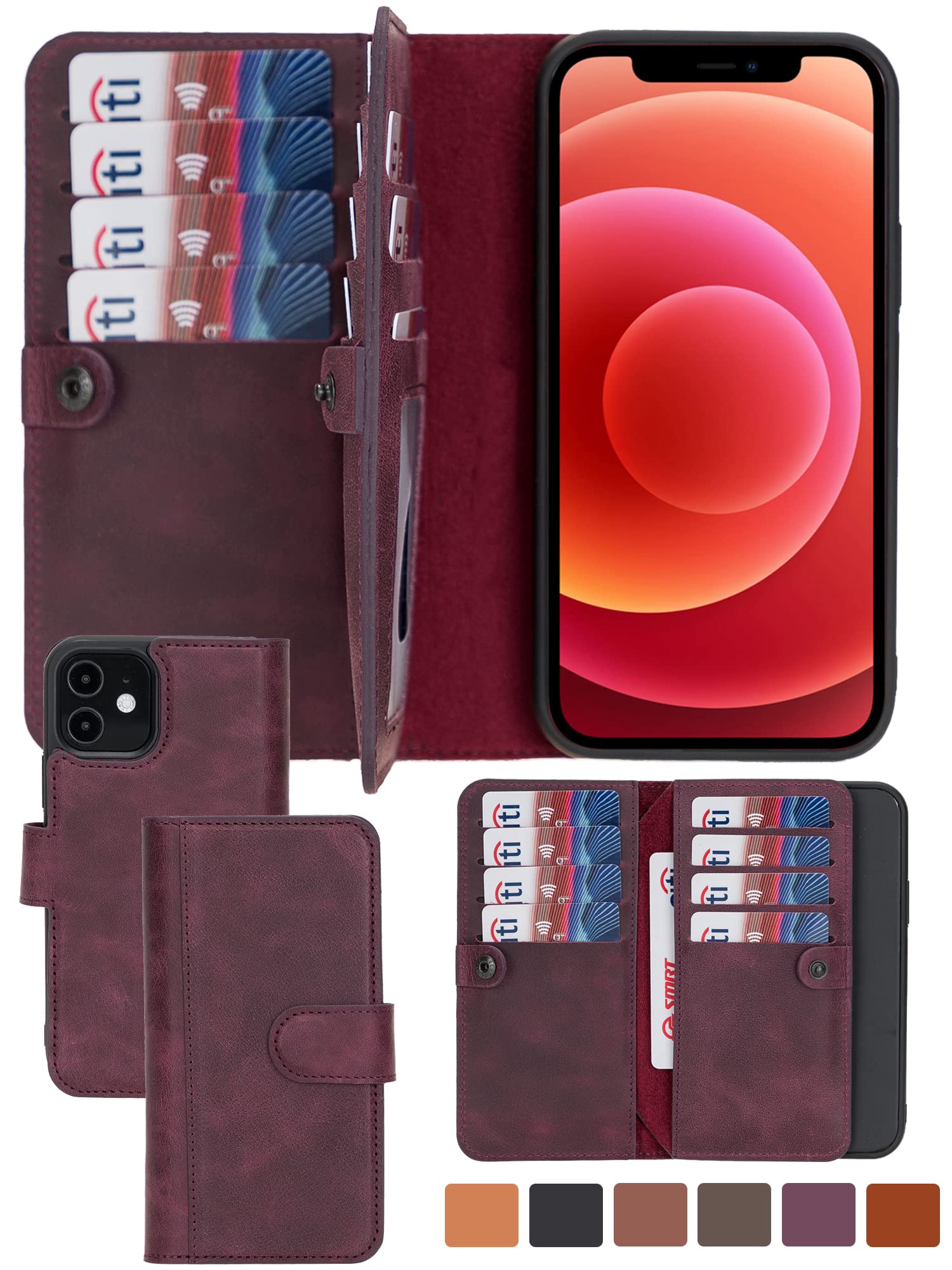 HARDISTON Genuine Premium Leather Handmade Wallet Case for iPhone 12 Pro Max 6.7" Double Folio Card Holders - Detachable Magnetic Flip Cover - Horizontal Kickstand - Protection for All Edges (Purple)