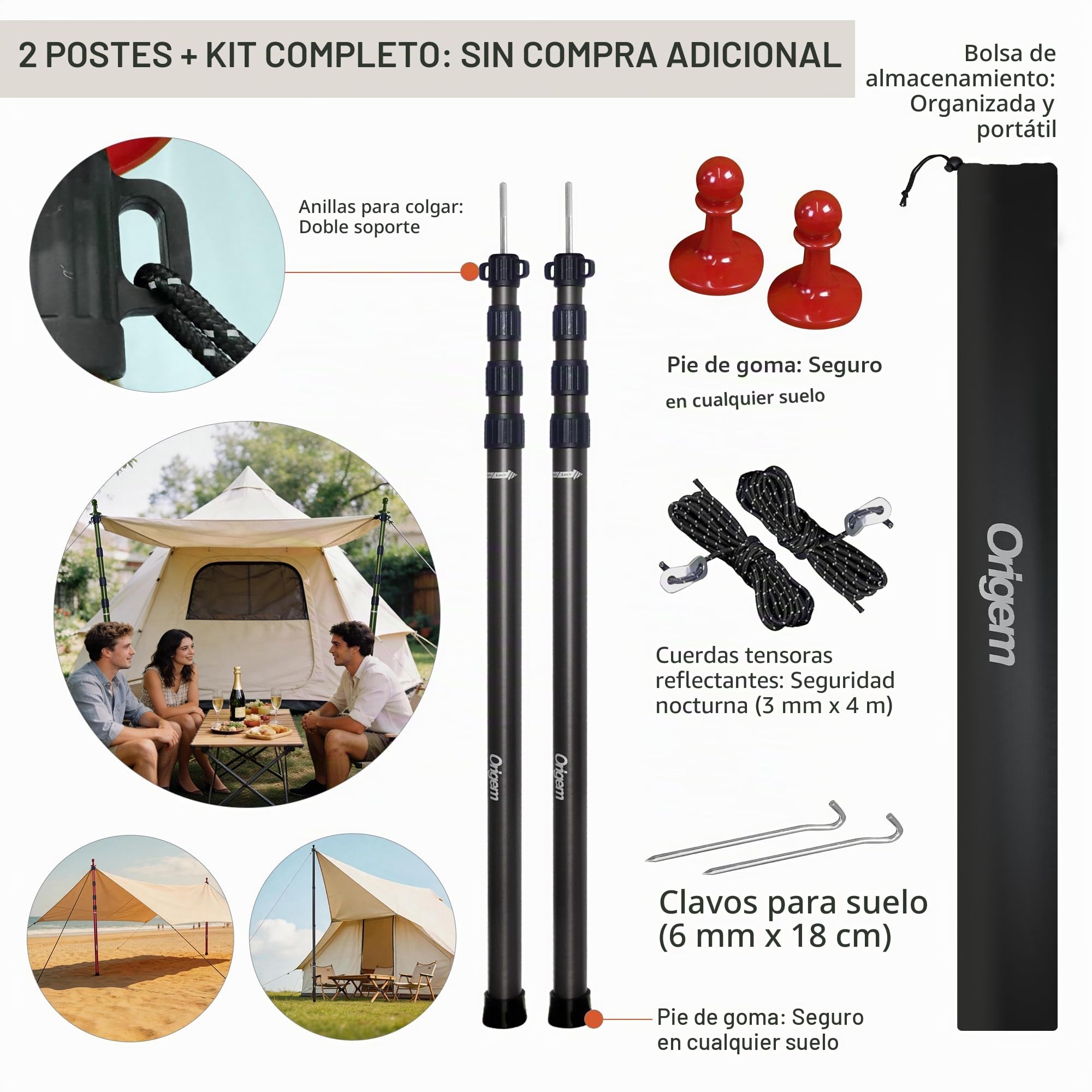 Origem Poste toldo Camping Vela telescópicos Resistentes,Altura de 90 a 280 cm, Postes de Aluminio para toldos y parasoles tarp, Alta Estabilidad,Postes Ligeros para Lonas, Juego de 2