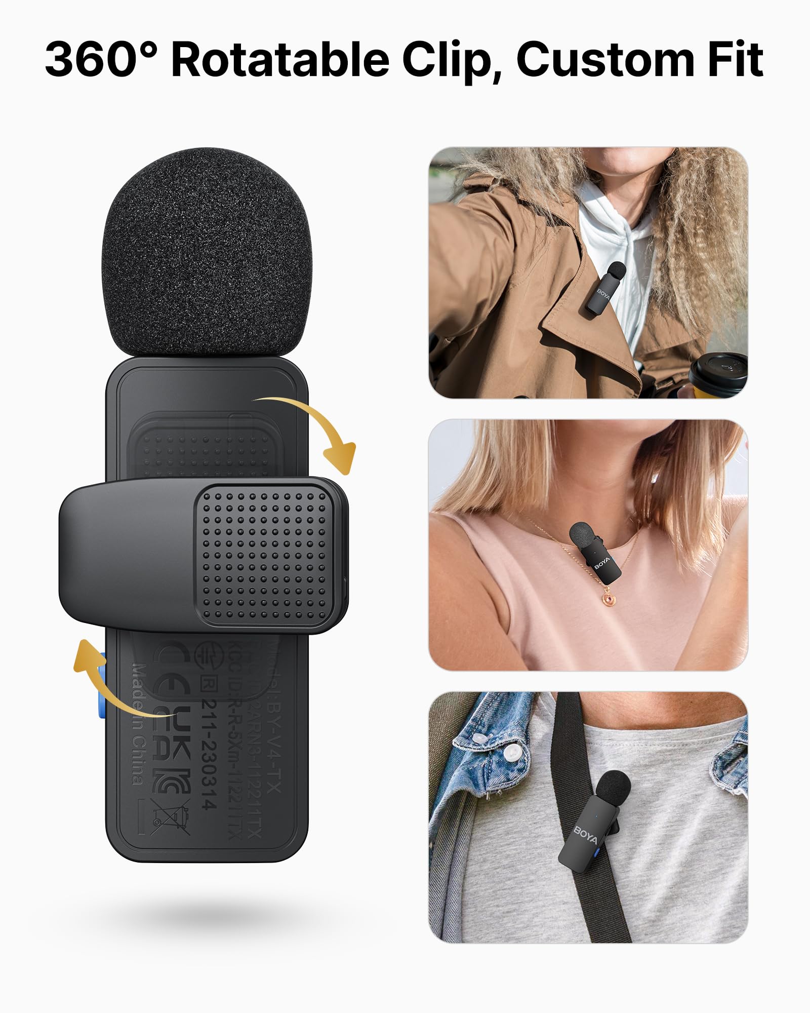 BOYA BY-V4 Microfono Wireless per Fotocamera, Uscita Mono a 4 Canali, Mini Microfono Senza Fili, Microphone Lavalier con Jack da 3,5 mm, Cancellazione del Rumore, Mic per Video Social, Streaming