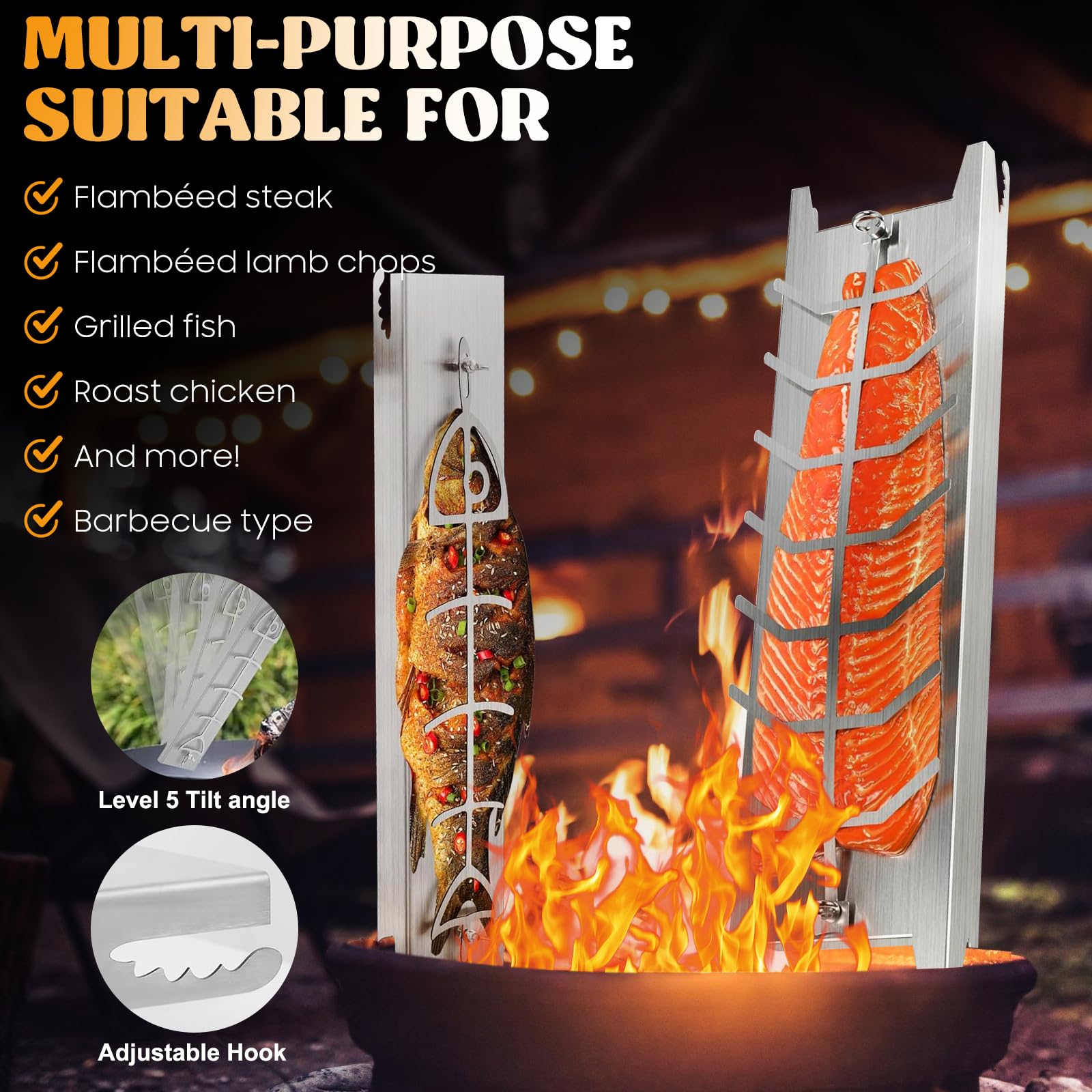 Set de 2 Tablas para Salmón a la Llama de Acero Inoxidable – 59×16×3,7 cm y 52×11,5×3 cm – Soporte BBQ Ajustable para Pescado, Carne y Verduras – Antióxido, Resistente al Calor y Reutilizable