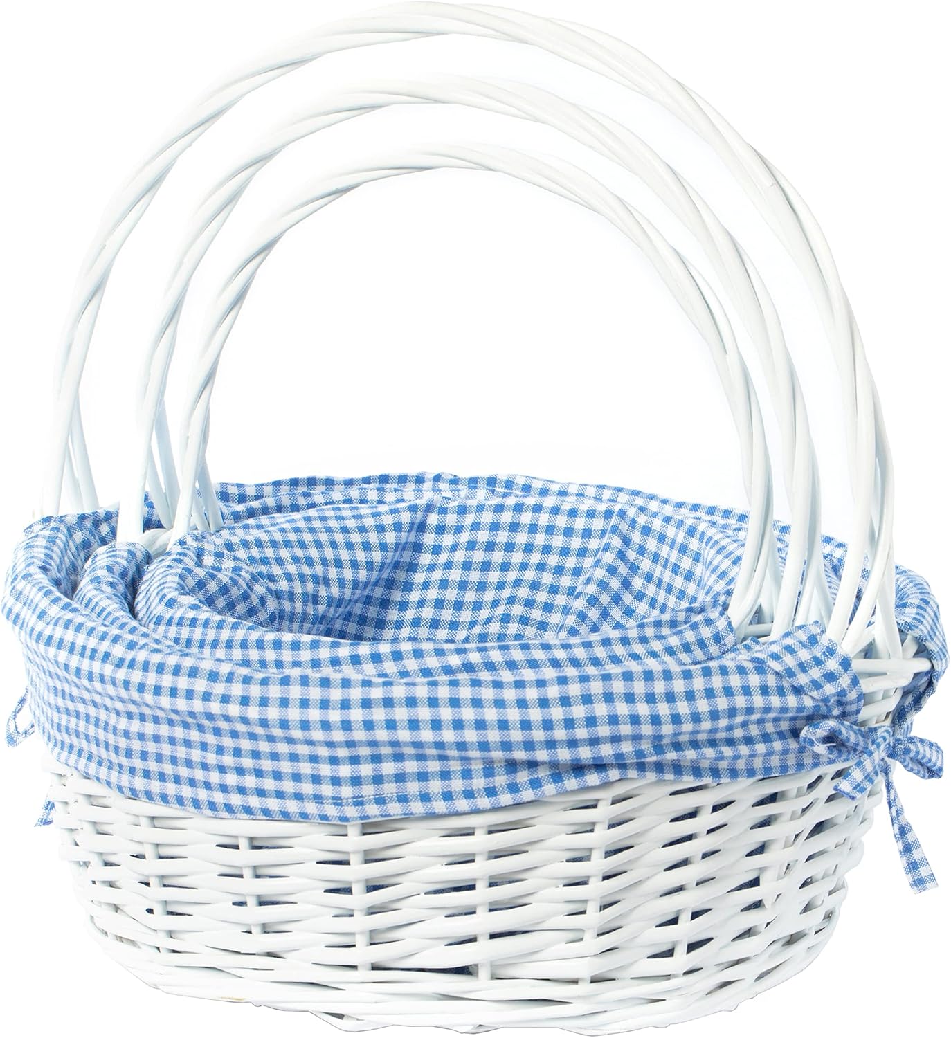 White Round Willow Wicker Gift Baskets with Blue and White Gingham Liner & Handles, Set of 3 – Easter Baskets, Picnic or Gift Basket for Decoration