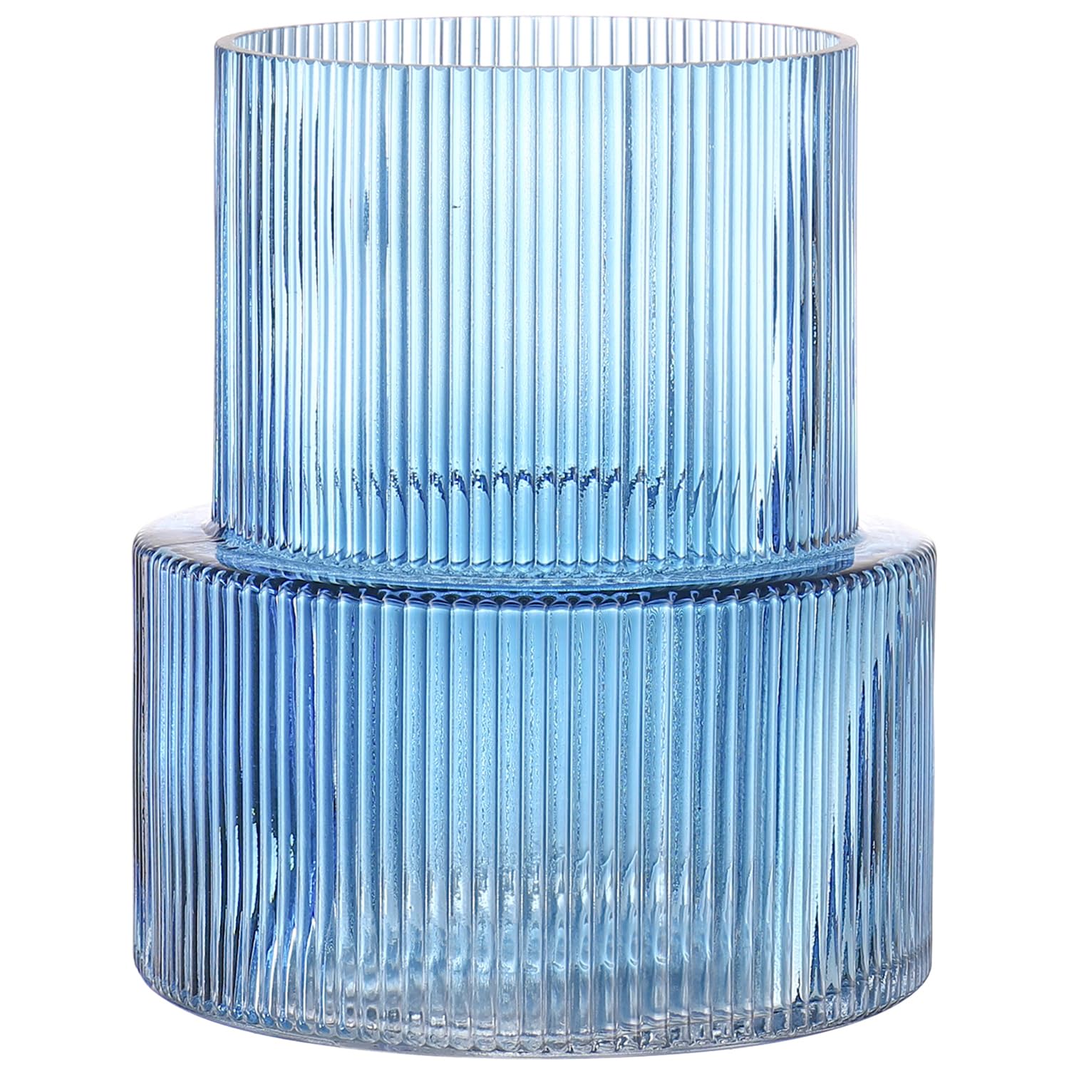 KAYLETIN Jarrón de cristal azul, jarrón acanalado, jarrón de vidrio estriado, jarrón de flores, jarrón moderno para sala de estar, oficina, 19 cm
