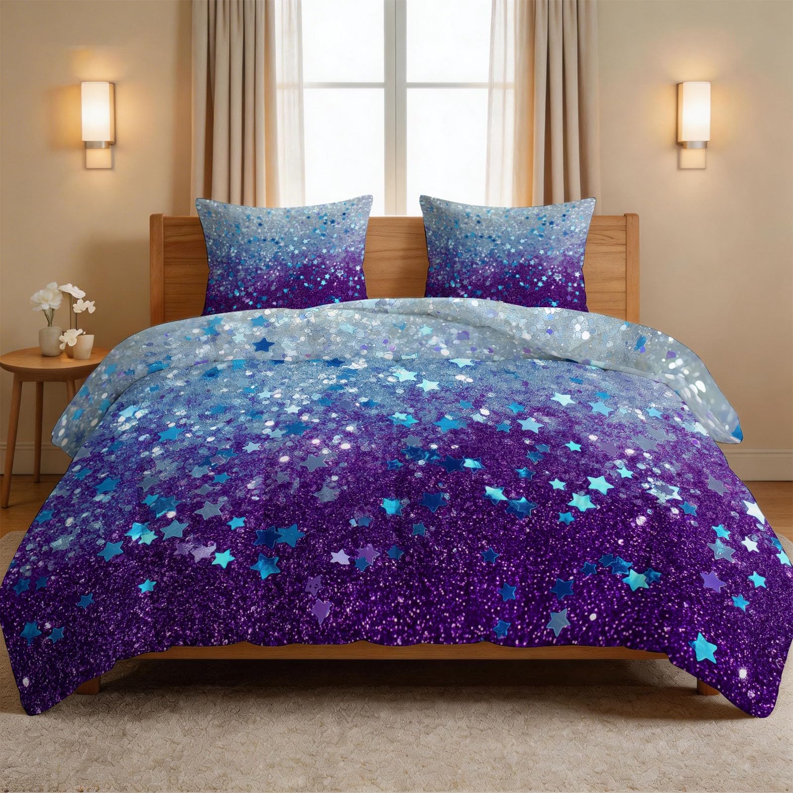 Dwustronna kołdra pikowana, 260 x 220 cm, 260 x 220 cm, fantazyjna gwiazda, miękka, sprana, bawełniana, ciepła kołdra na łóżko na każdą porę roku, brokatowe cekiny w gwiazdki, można prać w pralce