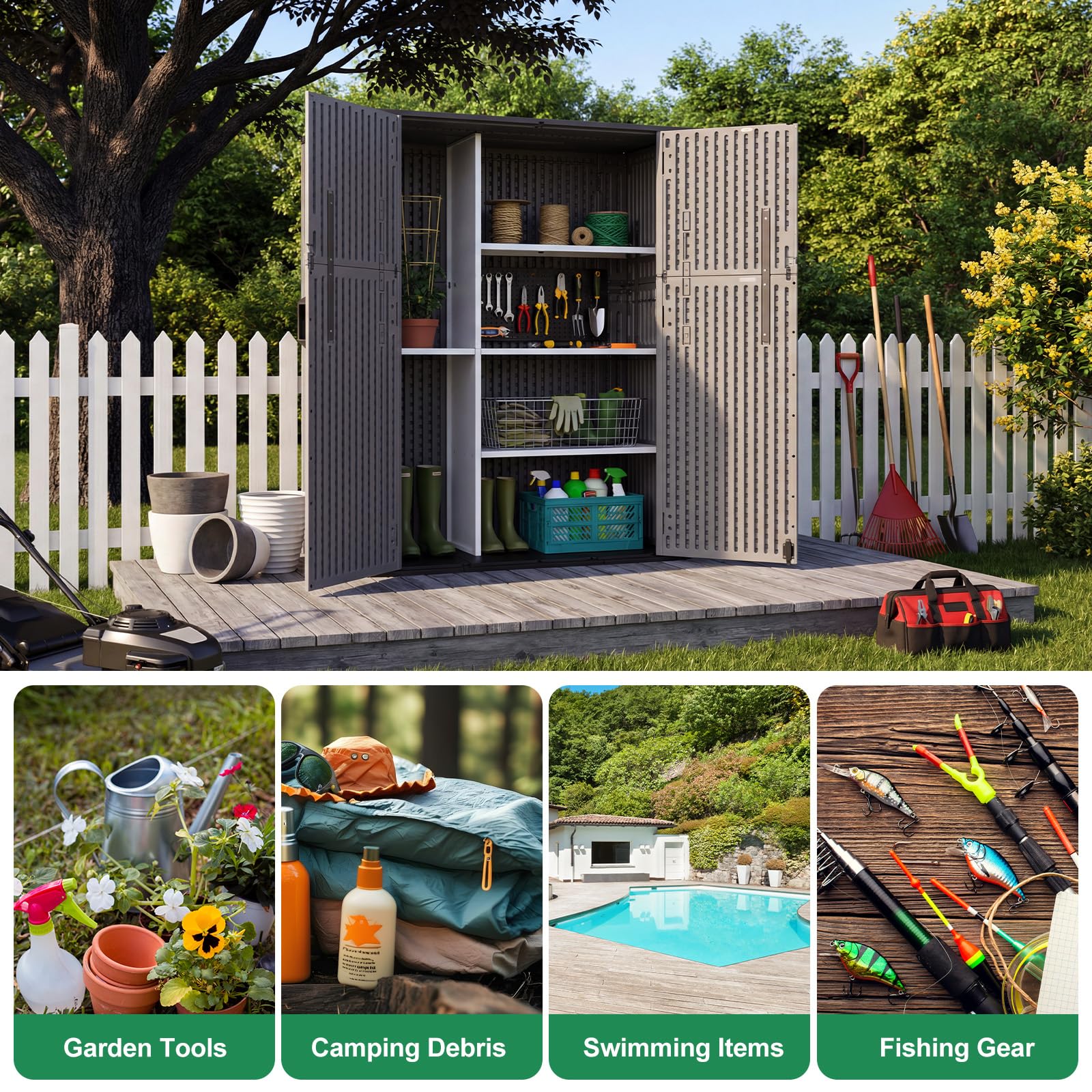 Panana Plastic Shed Garden Storage With Shelf Support Floor Lockable Outdoor Storage House Tool Shed Box, Compact Utility Tool Cabinet L142xW67xH176cm (GSGD25+Shlef) — view 2