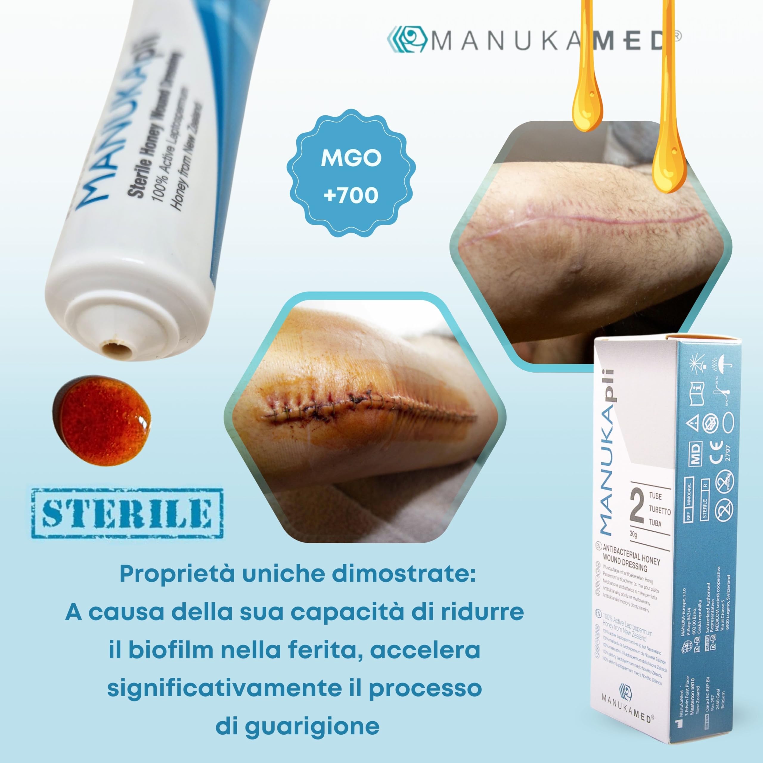 ManukaMed MANUKA, qualità medica, cura delle ferite e della pelle, miele di Manuka bioattivo al 100%, unguento per le ferite e la guarigione, STERILE MGO 560+/2x15 g