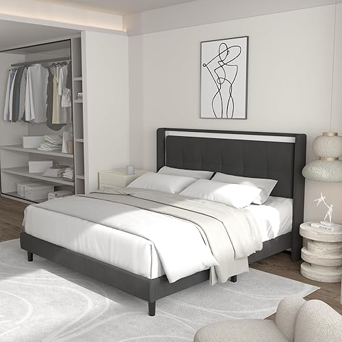 Miniatura 7 de Youmumeub Base de cama de tamaño matrimonial con cabecera tapizada, marco de cama de tamaño matrimonial compatible con marco de metal y listones de