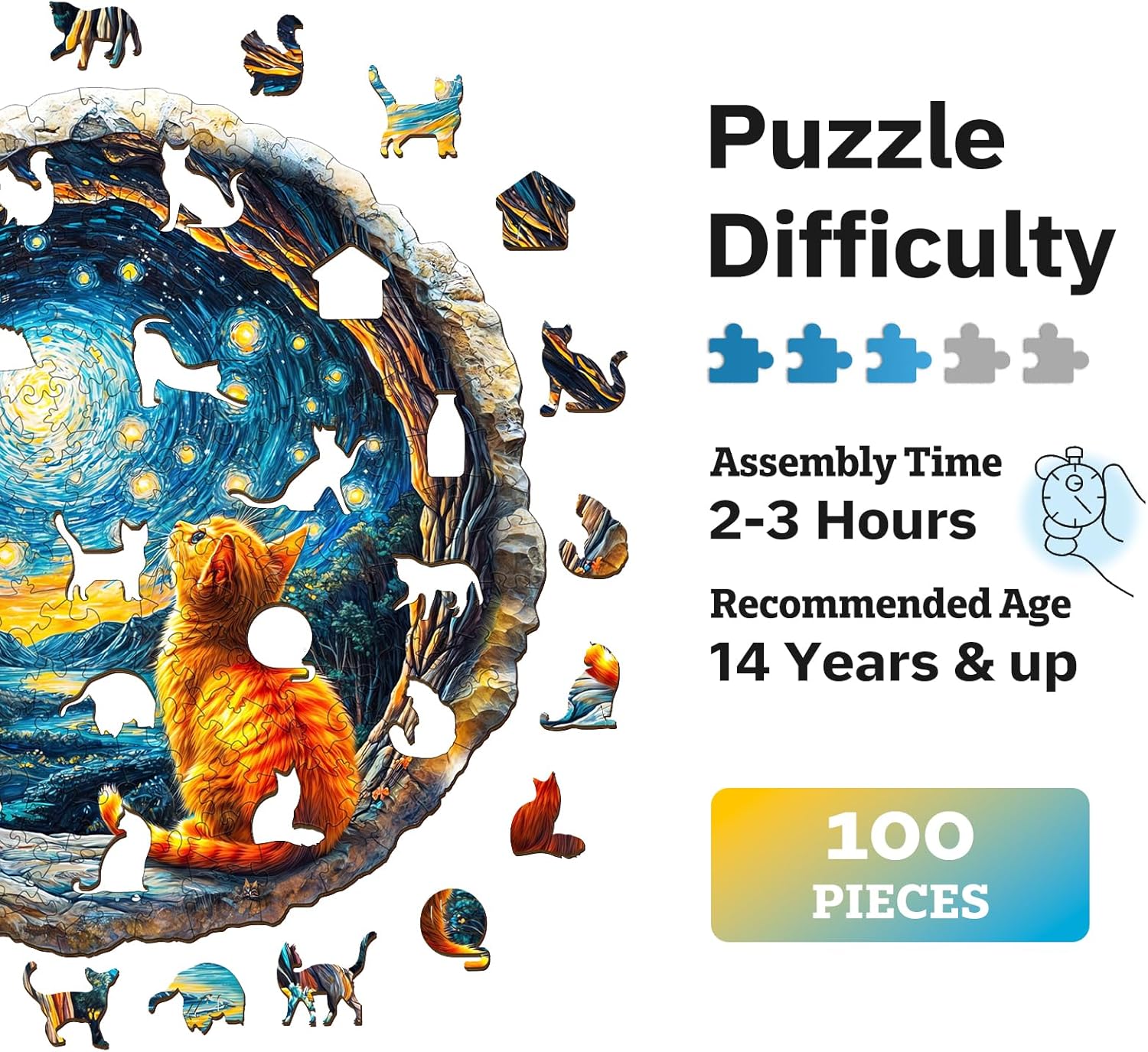 Jigfoxy Wooden Puzzles for Adults, Starry Night Wood Puzzle for Adults, Unique Animal-Shaped Wooden Jigsaw Puzzle, Christmas Thanksgiving Gifts for Family and Friends (S-8.5 * 8.3in-100pcs)
