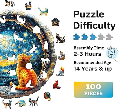 Jigfoxy Wooden Puzzles for Adults, Starry Night Wood Puzzle for Adults, Unique Animal-Shaped Wooden Jigsaw Puzzle, Christmas Thanksgiving Gifts for Family and Friends (S-8.5 * 8.3in-100pcs)