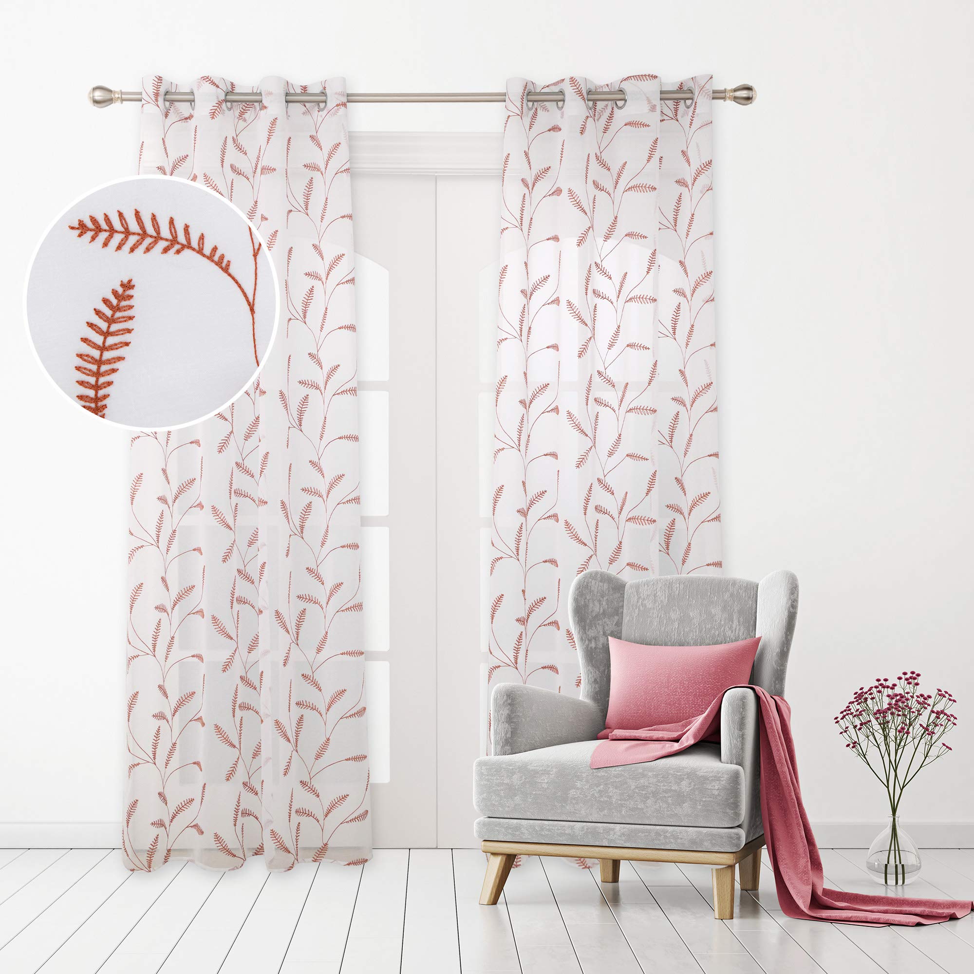 Deconovo Home Decoration Linen Look Voile Curtains Super Soft Semi Transparent Sheer Curtains Eyelets Net Curtains for Kitchen 55 x 114 Inch Orange Two Panels