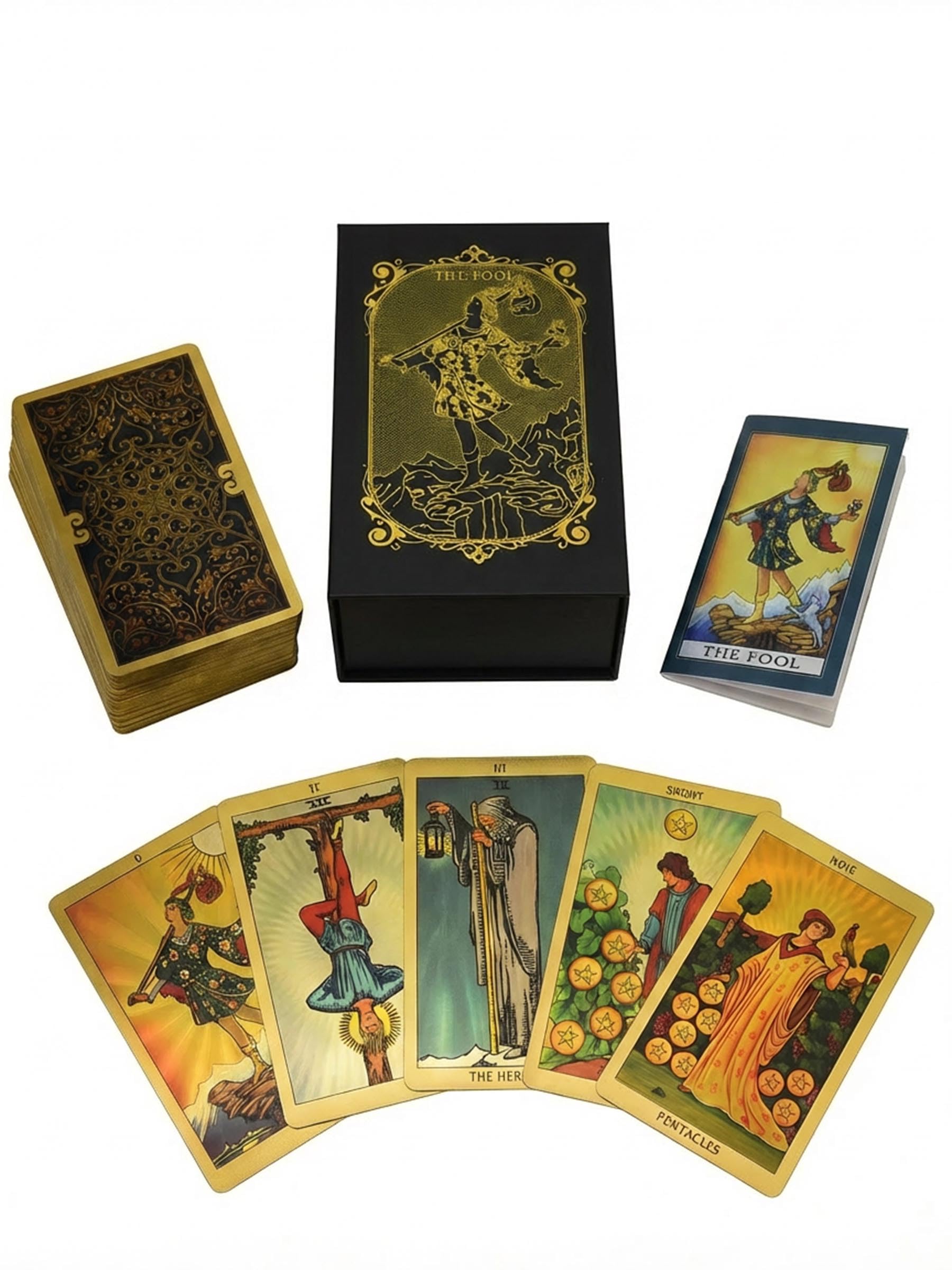 Tarot Rider Waite Dorado, 78 Cartas de Tarot con Guía en Inglés de 36 Páginas, PVC Impermeable y Antiarrugas, Diseño Loto Dorado para Principiantes y Coleccionistas