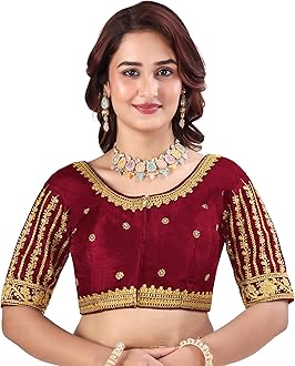 Pujia Mills Women's Readymade Blouse Embroidery Multi Coding Gold Thread Indian Ethnic Designer Stitched Readymade Saree Half Sleeve Blouse for Women for Saree Lehenga Choli