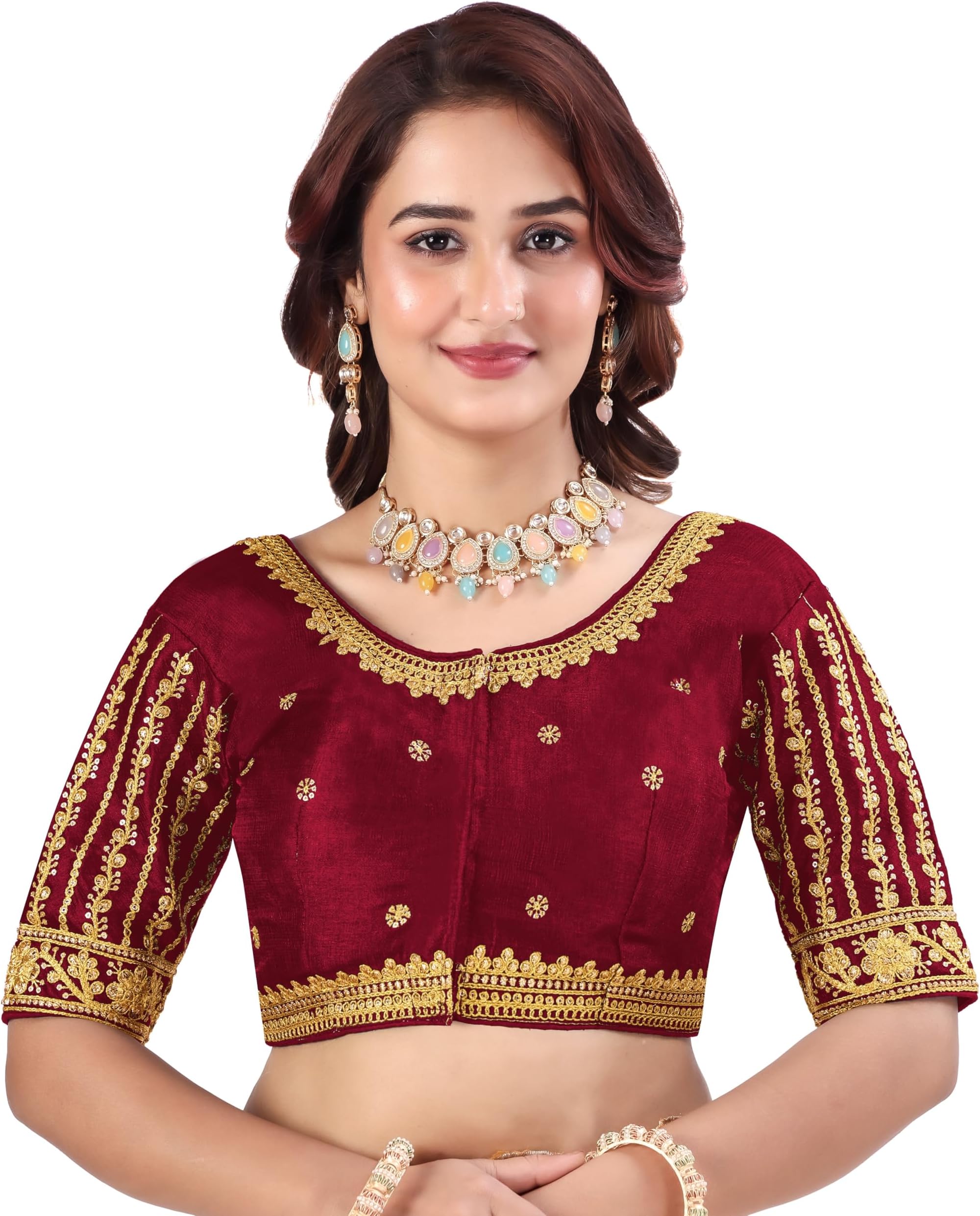 Pujia Mills Women's Readymade Blouse Embroidery Multi Coding Gold Thread Indian Ethnic Designer Stitched Readymade Saree Half Sleeve Blouse for Women for Saree Lehenga Choli